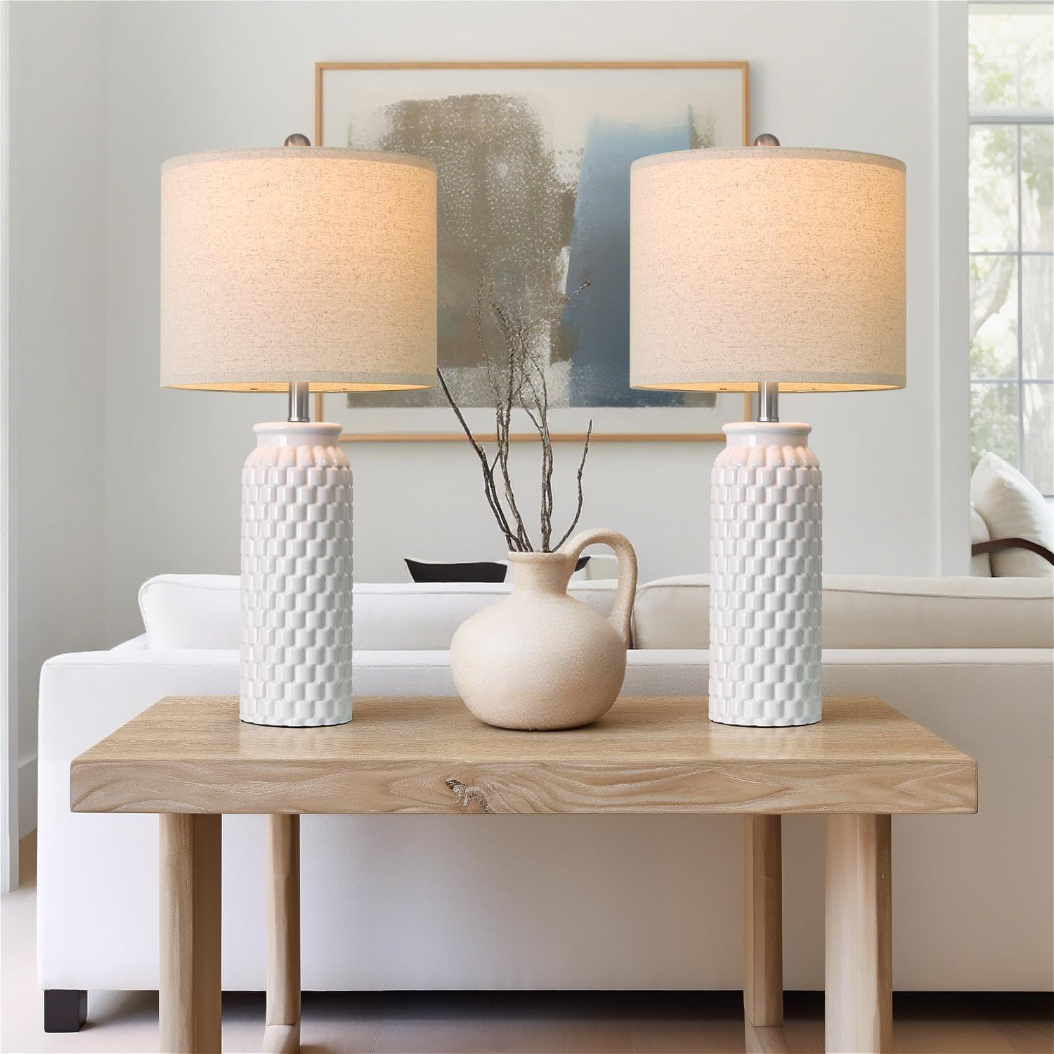 USumkky 27" Ceramic Table Lamps Set of 2 - Modern Farmhouse & Boho Style, Bedside Nightstand Lamps for Bedroom, Living Room End Table Lamps, Small Desk Lamp(White) โ image 1