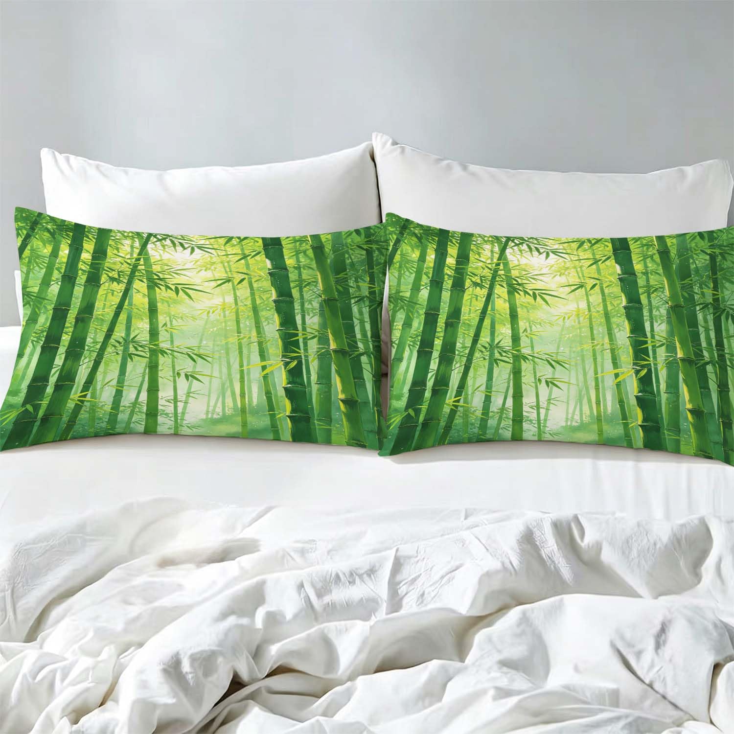 Drap Housse 180x200 cm Bambou Vert 3D Drap-Housse Bambou Draps Housses Microfibre 2 Personnes avec 2 Taie d'oreillers pour Matelas Épais XCW6517