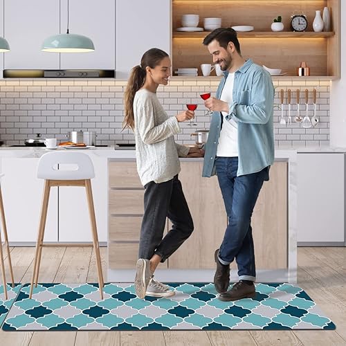 Miniatura 2 de Tapete de cocina antifatiga, antideslizante, acolchado, verde azulado, gris, impermeable, antideslizante, de cuero de PVC, tapete de pie para