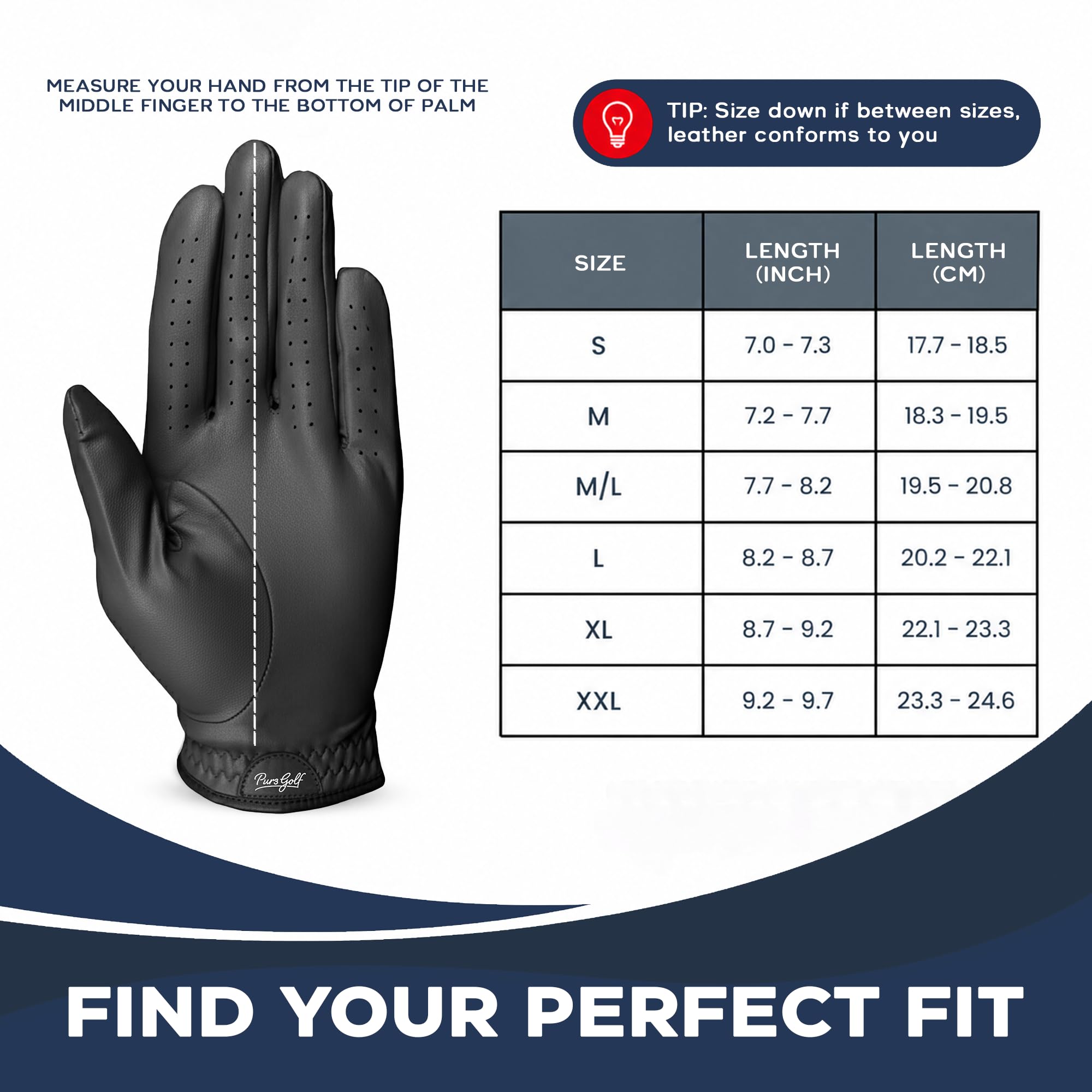PUR3 Cabretta-Leder-Golfhandschuhe für Herren, 2 Stück, schwarze Golfhandschuhe, für Linkshänder, Größe M, L, Schwarz