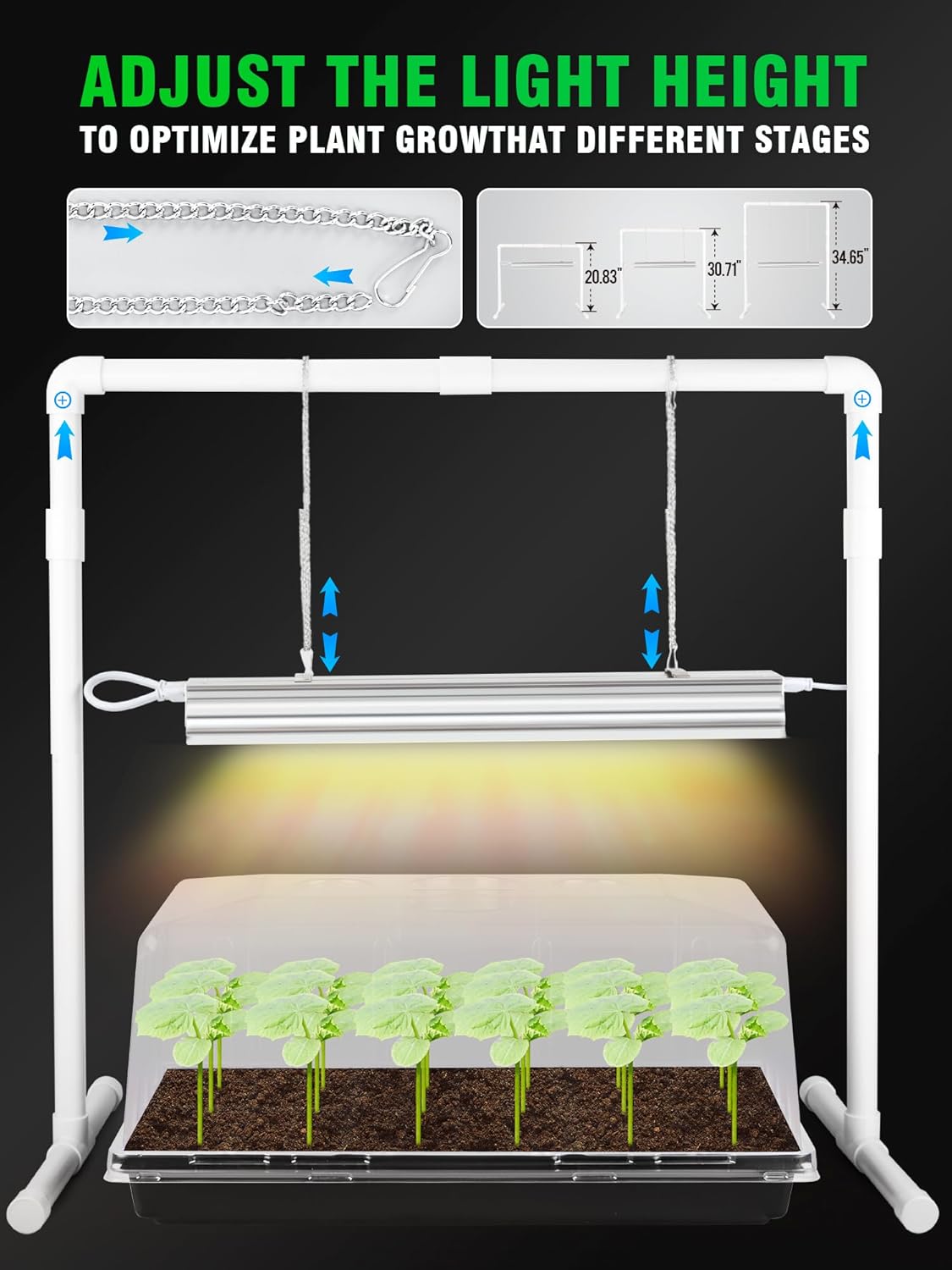 Seed Starter Tray with Grow Light and Heat Mat, 8'' Humidity Dome, 1020 Plant Starter Trays Seed Starter Kit, Grow Light Stand for Seed Starting & Seedling Growing, Height Adjustable