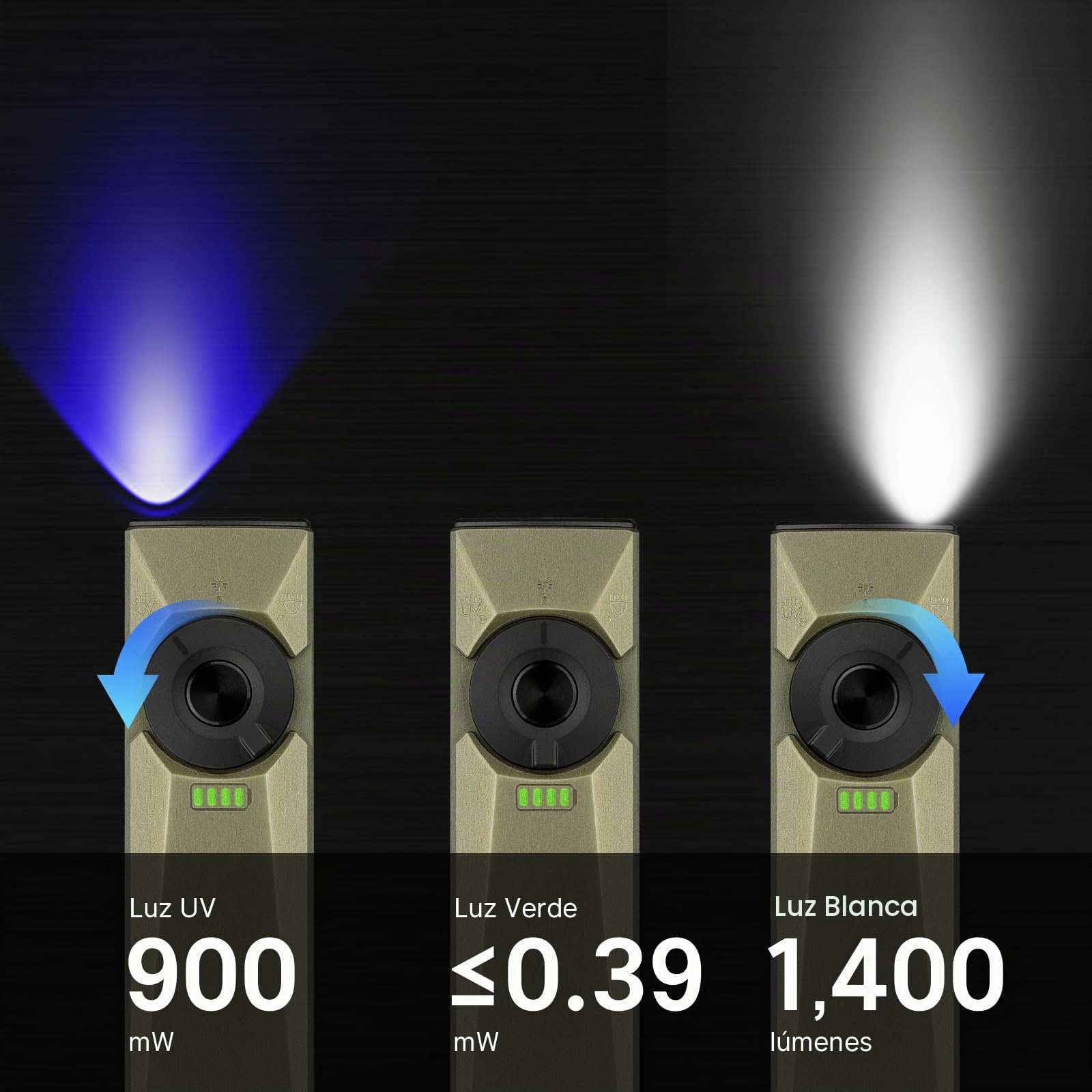 OLIGHT Arkfeld Ultra Linterna Recargable de 1400 LM con Led UV, Luz Verde y Luz Blanca, Linterna Plana para Trabajar, Controlar y Para Uso En Exteriores (Verde Oliva)