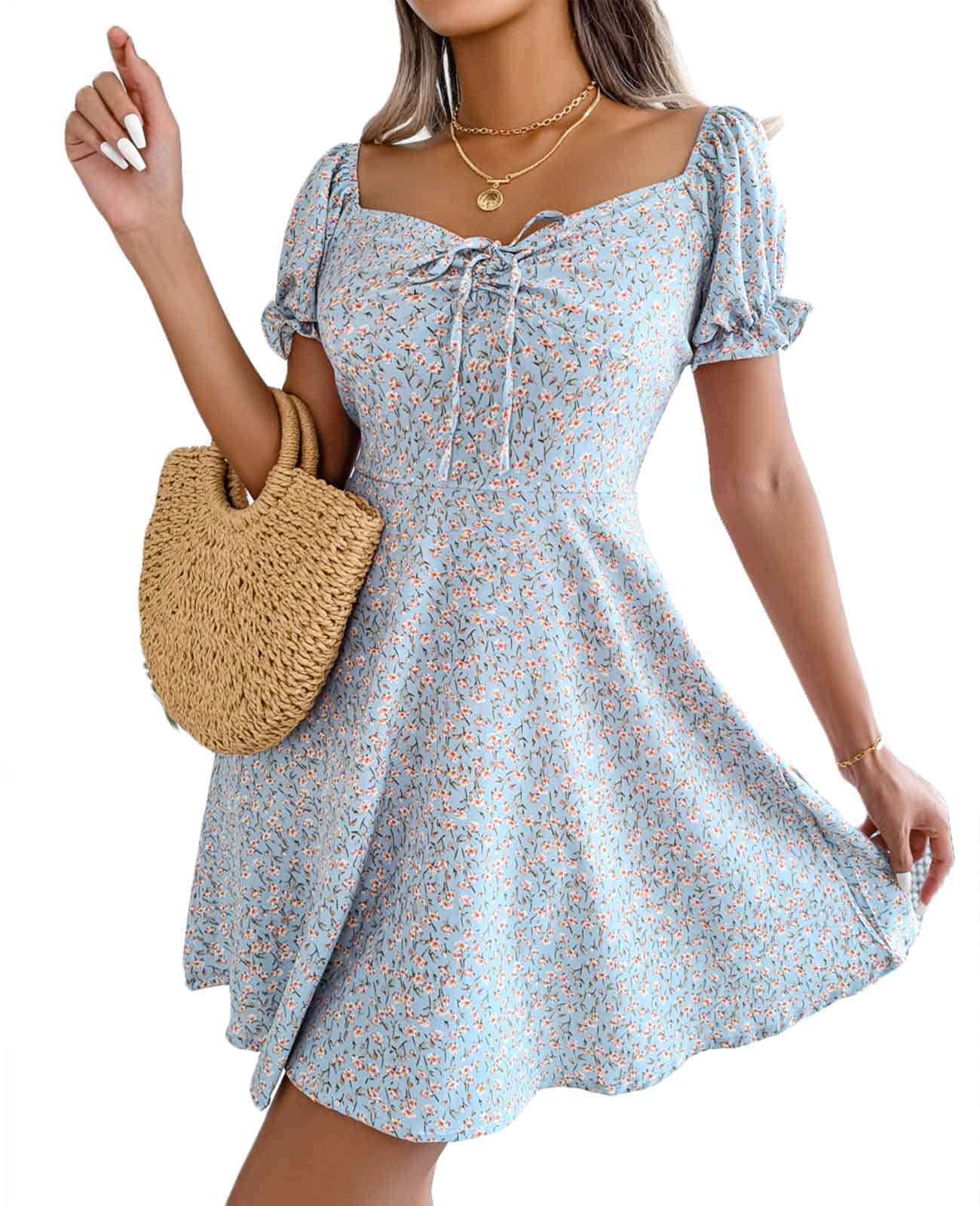 CheChury Vestido Mujer Verano Manga A-Line Corta Casual Vestido Cuello en V Playa Vestido Mujer Informal Vestido de Oscilación Holgado Cocktail Sundress Vestido de Fiesta Maxi Vestido de Playa