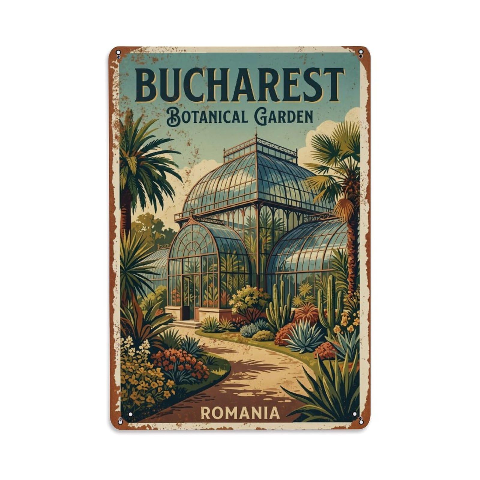 Vintage Travel Bucharest Botanical Garden Greenhouse Romania Metal Tin Sign Plaque Wall Decor for Cafe, Club Bar, Office, Home Garden Metal Poster 8x12Inch