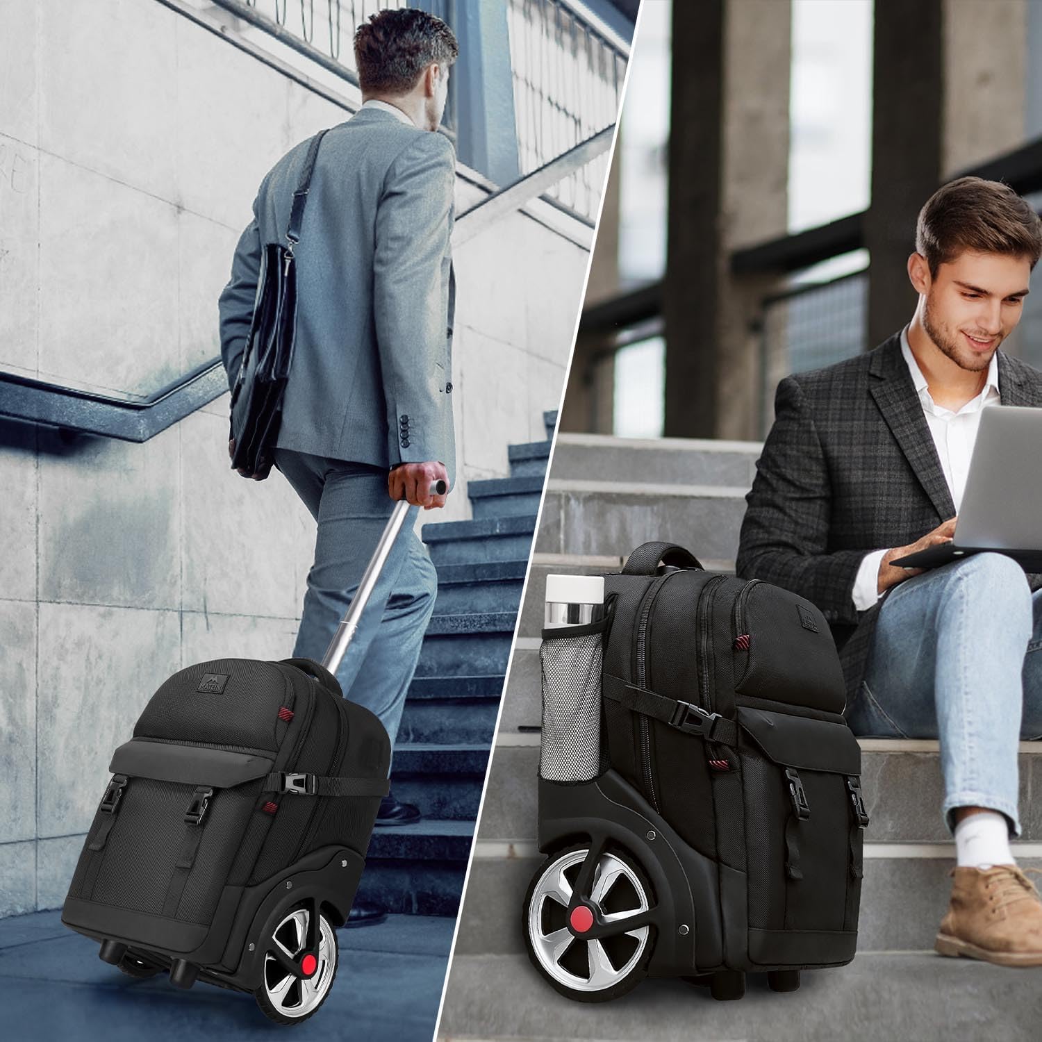 MATEIN Zaino Trolley, Zaini Bagaglio a Mano con Ruote, Zaino Porta PC 17 Pollici, Impermeabile e Antifurto Zaini Viaggio con Rotelle per Uomo, Donna, Scuola, Università, Affari, Nero