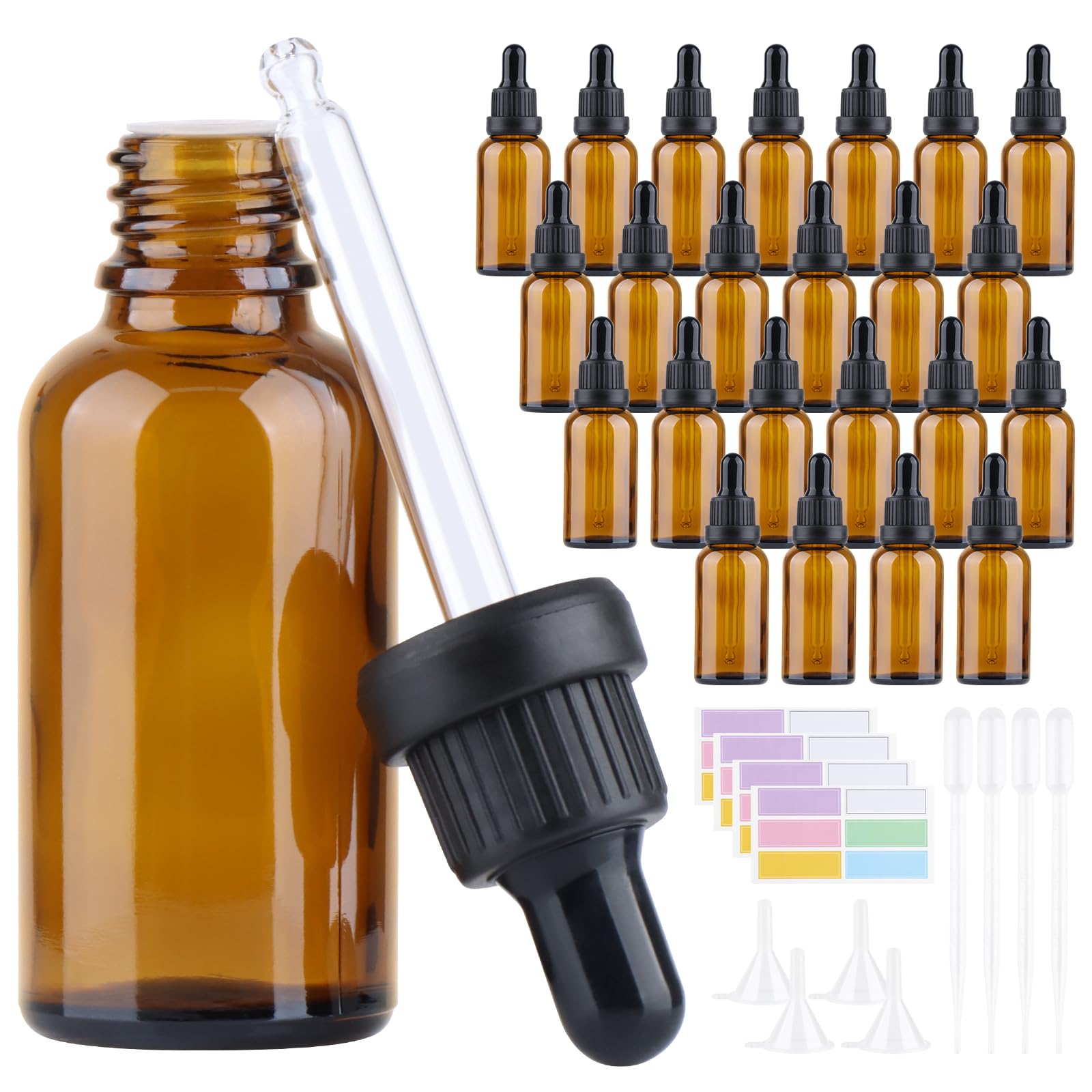 24Pcs 30ml Flacon Pipette, Flacons Compte-gouttes avec 4 compte-gouttes en plastique, 4 petits entonnoirs, 24 autocollants, pour huiles essentielles, aromathérapie, parfums, laboratoire