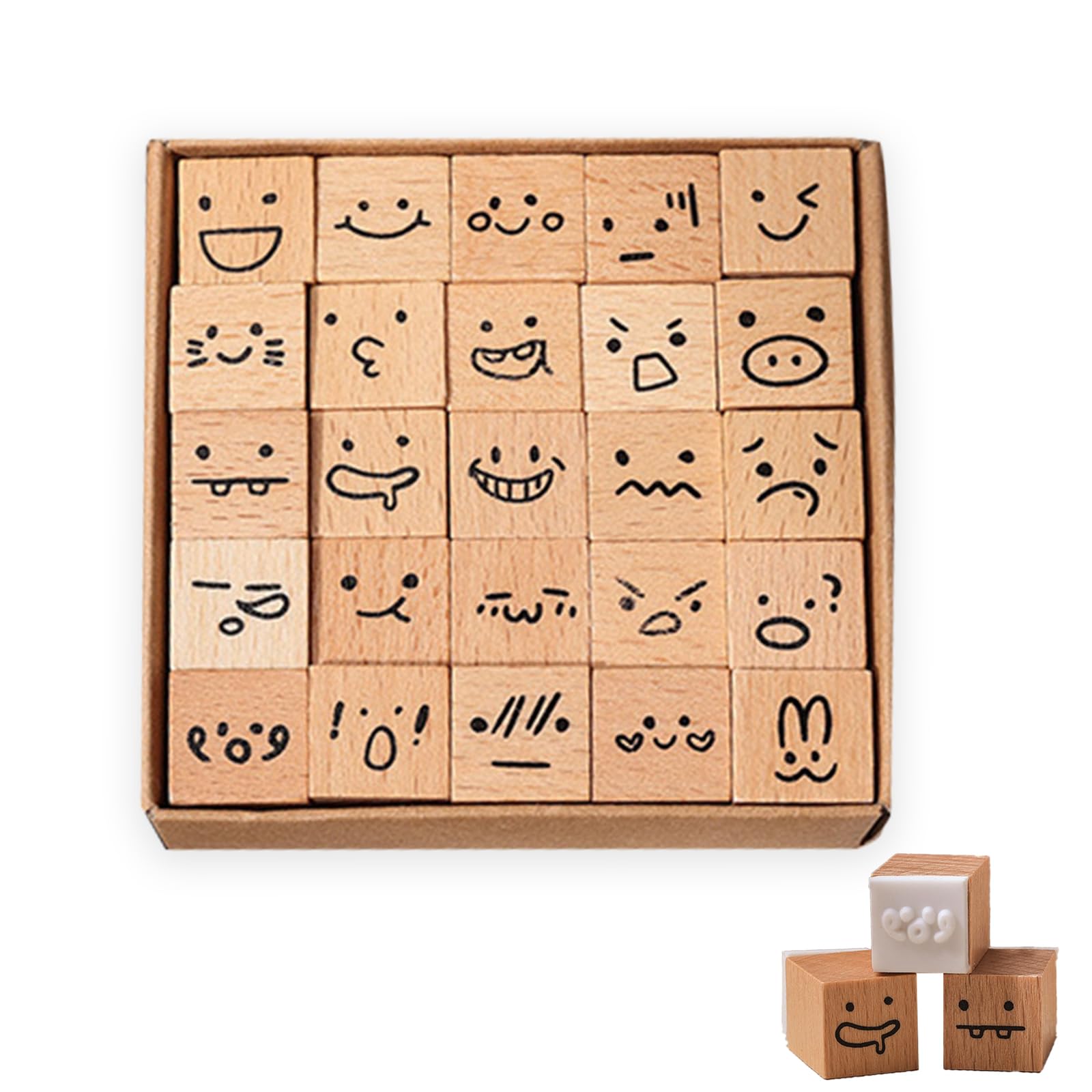25 Pieces Wooden Rubber Stamp Set, Plant Decorative Wooden Stamp DIY Craft, Cute Butterfly & Botanical Designs for Journals, Scrapbooks, Planners, and DIY Crafts (Emoji)