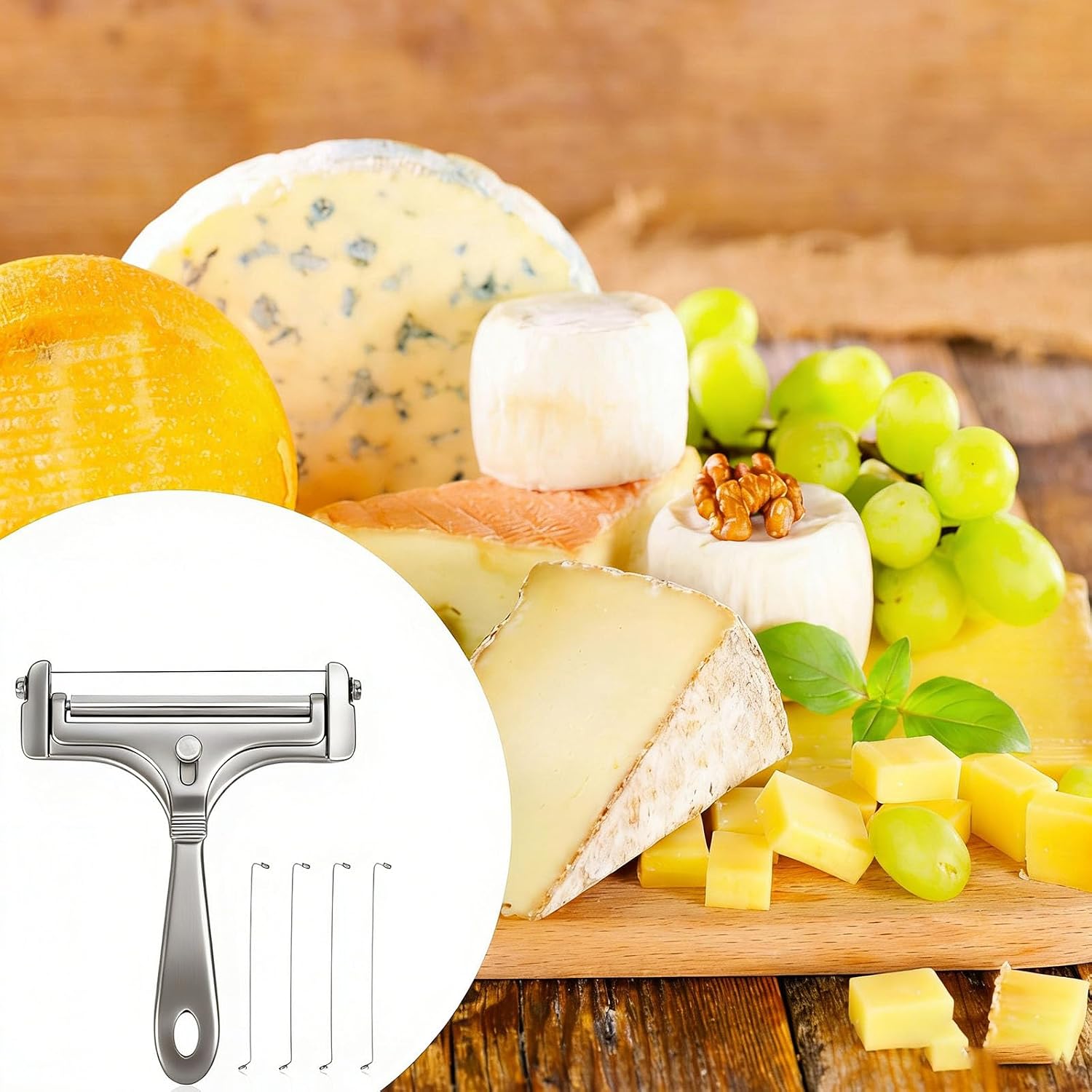 BoAn Wire Cheese Slicer with 4 Replacement Wires, Adjustable Thickness Stainless Steel Cheese Cutter, Handheld Cheese Slicer for Block Cheese, Cheddar, Mozzarella, Gruyere, Charcuterie Boards (Silver)