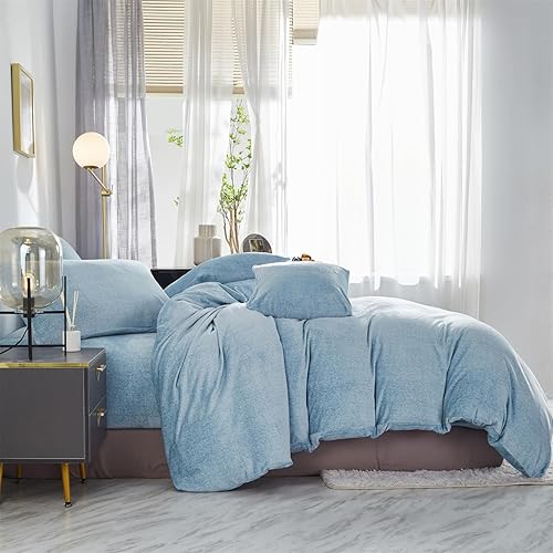 Vista 3 de Juego de funda de edredón de terciopelo esponjoso, color azul claro, tamaño King, para otoño e invierno, funda de edredón de franela suave y cálida
