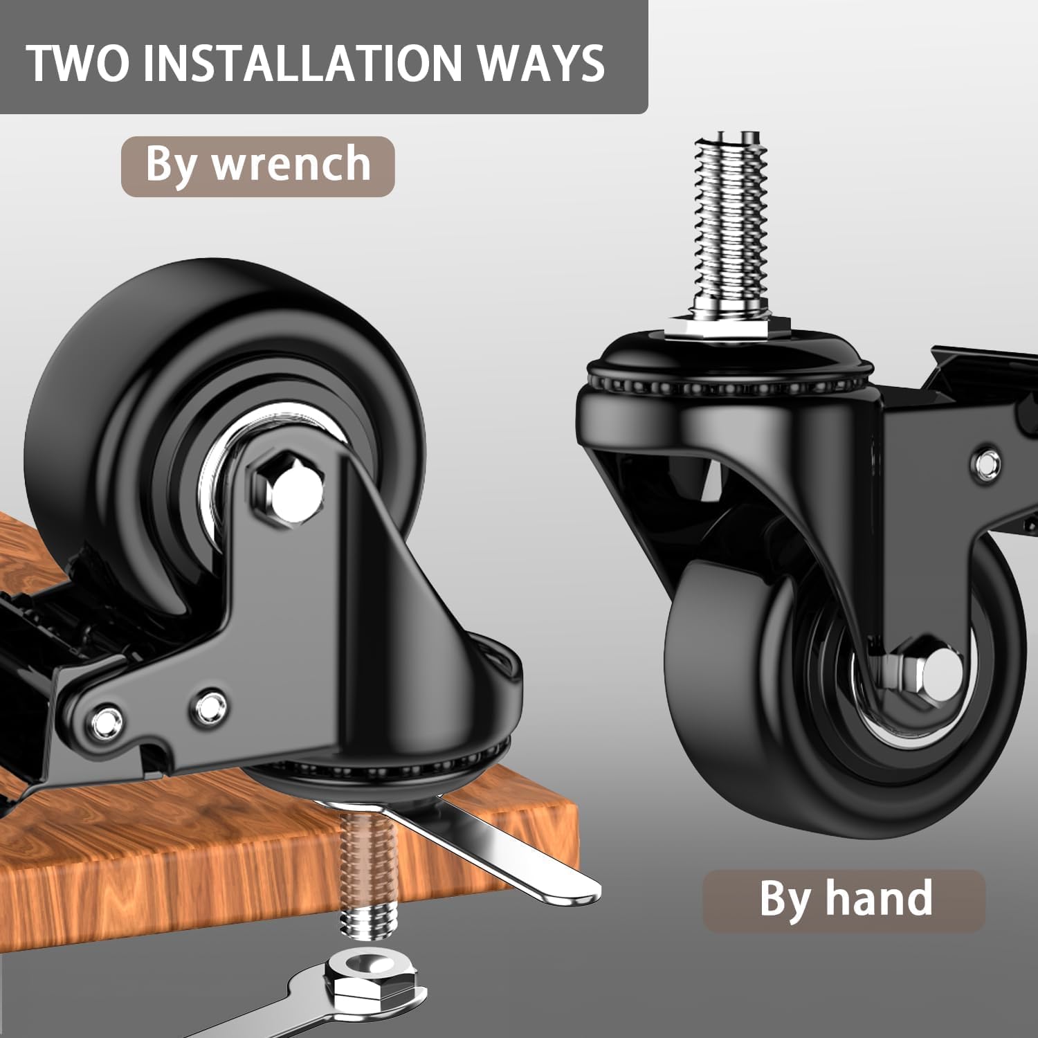 Zestaw 4 kółek 2-calowych, kółka z gwintowanym trzpieniem - 3/8"-16 x 1 (średnica trzpienia 3/8", długość trzpienia 1"), blokowane obrotowe koła poliuretanowe - obciążenie 600 funtów