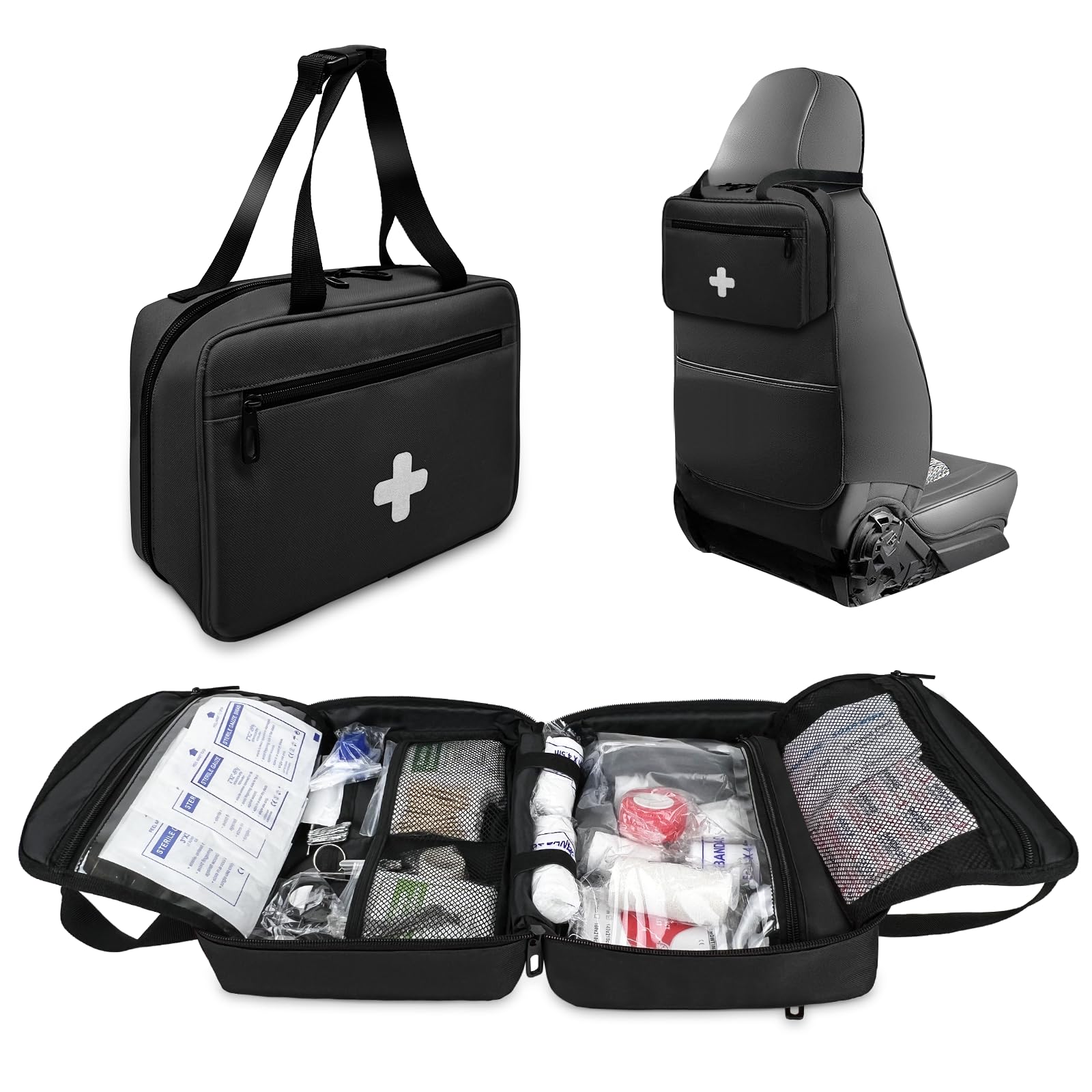 Bolsa de primeros auxilios de emergencia, organizador de suministros médicos compacto y portátil con múltiples compartimentos, ideal para viajes, camping, senderismo y uso doméstico (negro)