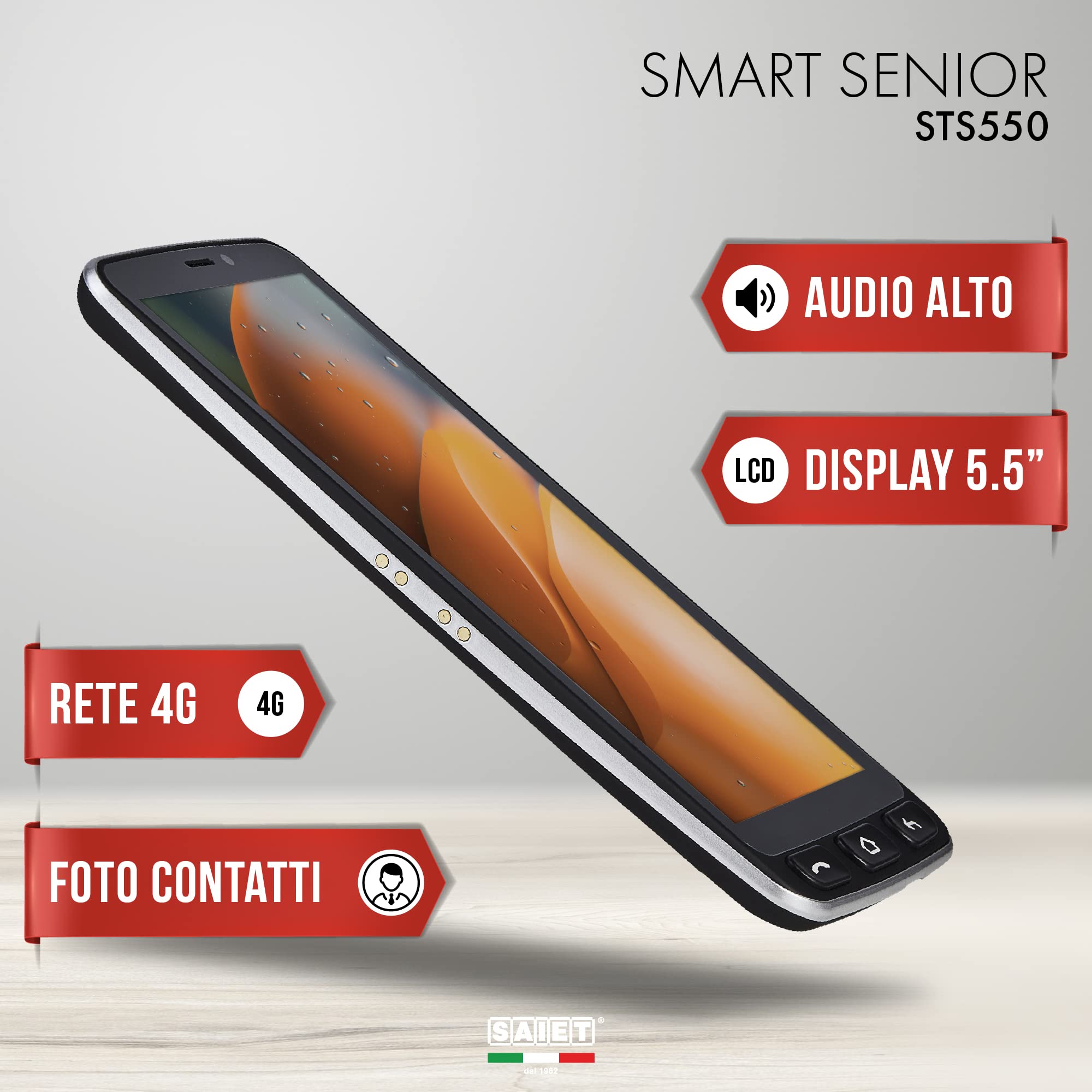 SAIET - Cellulare Smart Senior STS550 - Cellulare Per Anziani 4G e Bluetooth -Tasti e Lettere Grandi - Smartphone per Anziani con Whatsapp e Tasto SOS
