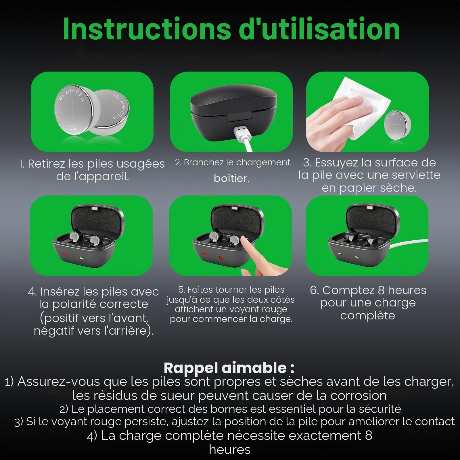 Lot de 8 piles rechargeables 312 pour appareils auditifs avec chargeur de batterie, piles rechargeables taille 312 et étui de chargement, autonomie de 8 à 10 heures pour appareils non Bluetooth (8