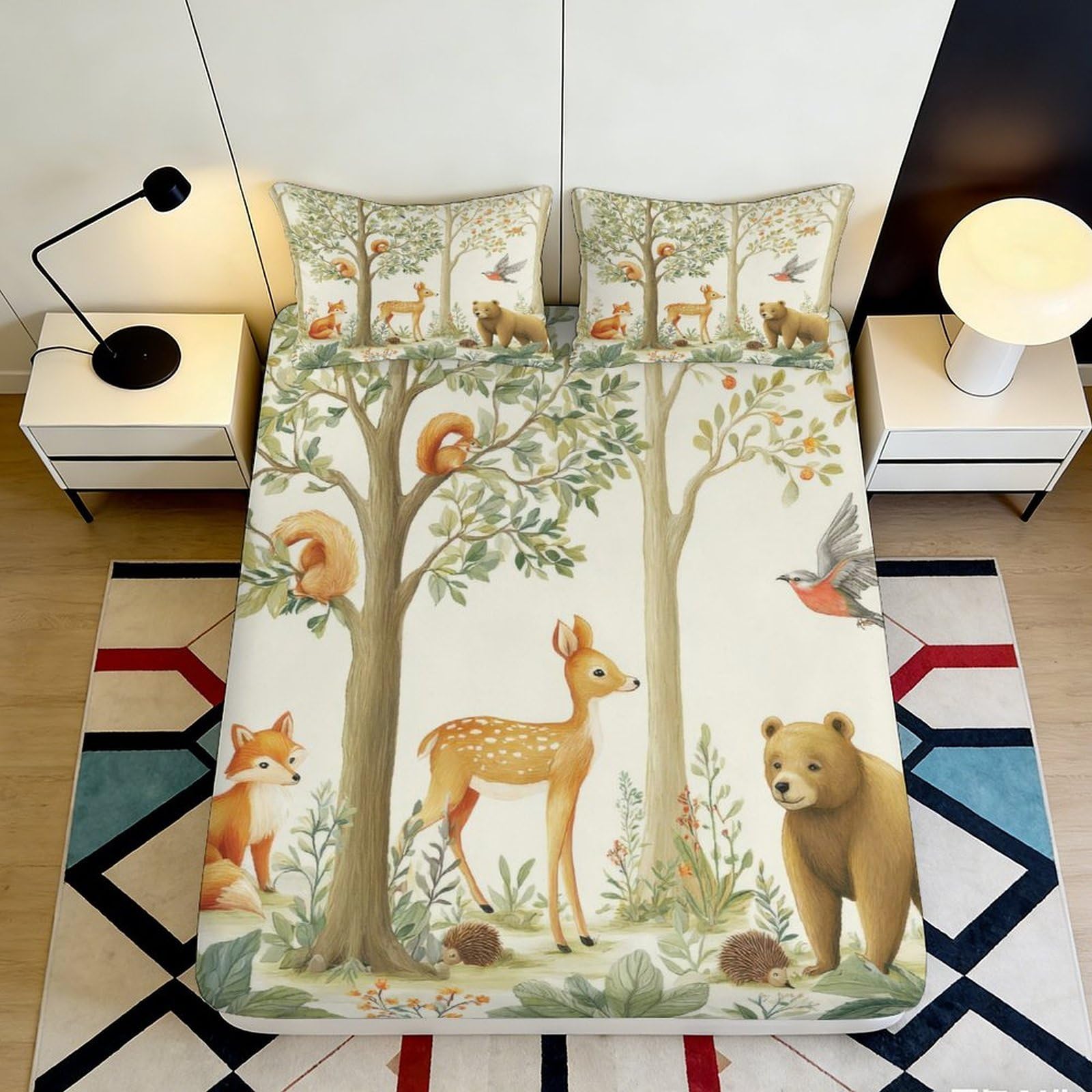 3D Printed Woodland Animals Fitted Sheet Microfiber Soft Forest Bear Deer Mattress Cover for Bedroom Guestroom Decor 90x200x25cm