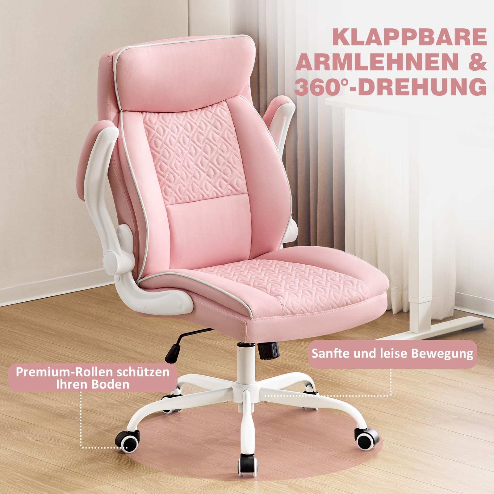 Hellove Chefsessel Bürostuhl 185kg Ergonomischer Kunstleder Schreibtischstuhl mit Verstellbarer Rückenlehne und Klappbaren Armlehnen, Drehstuhl mit Kopfstütze Computerstuhl Home Office Stuhl, Rosa