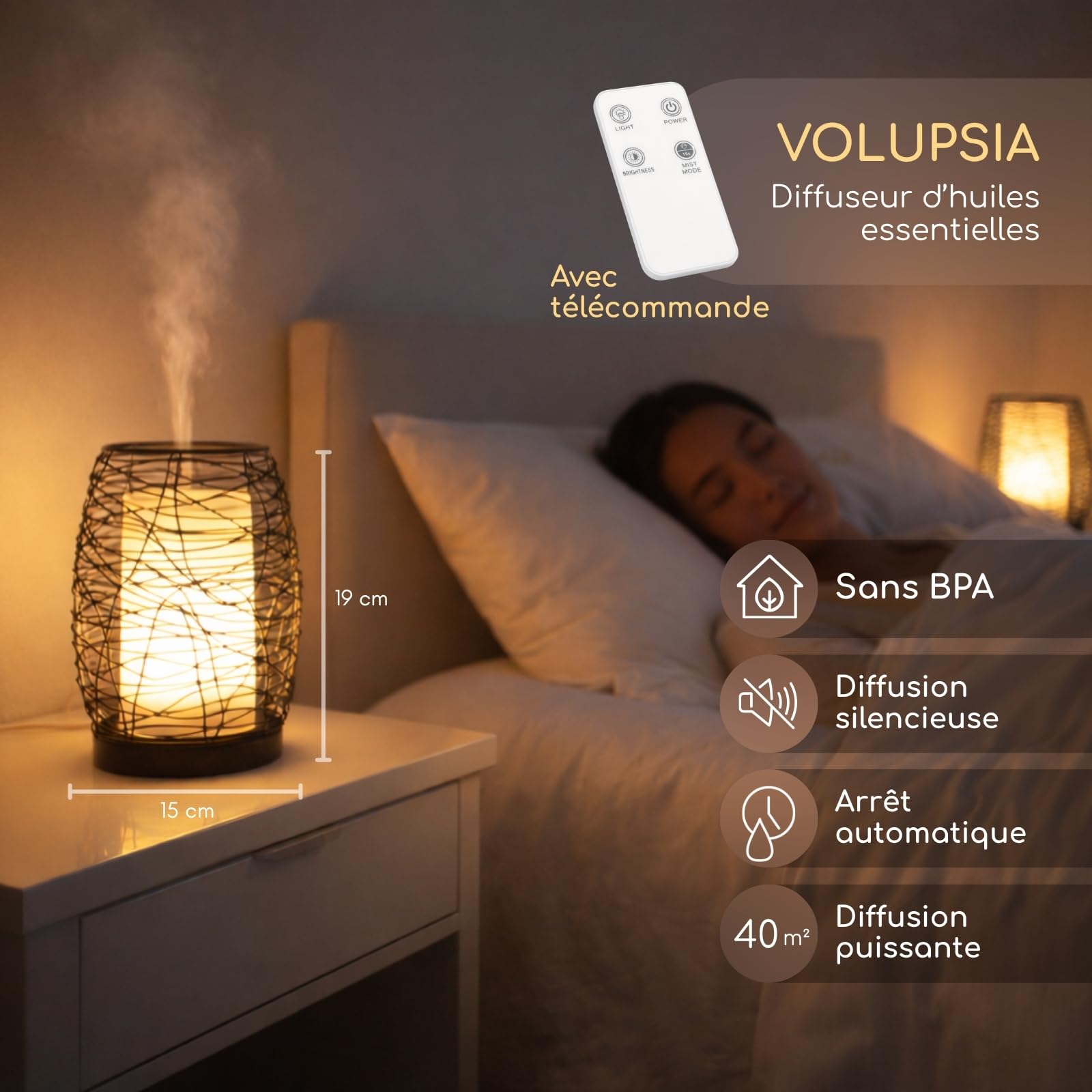 Zen’Arôme Diffuseur d’Huile Essentielle Volupsia – Diffuseur Ultrasonique Aromathérapie à Froid - Diffuseur Électrique Parfum Maison avec Télécommande - Éclairage LED Effet Bougie – en Métal et Verre