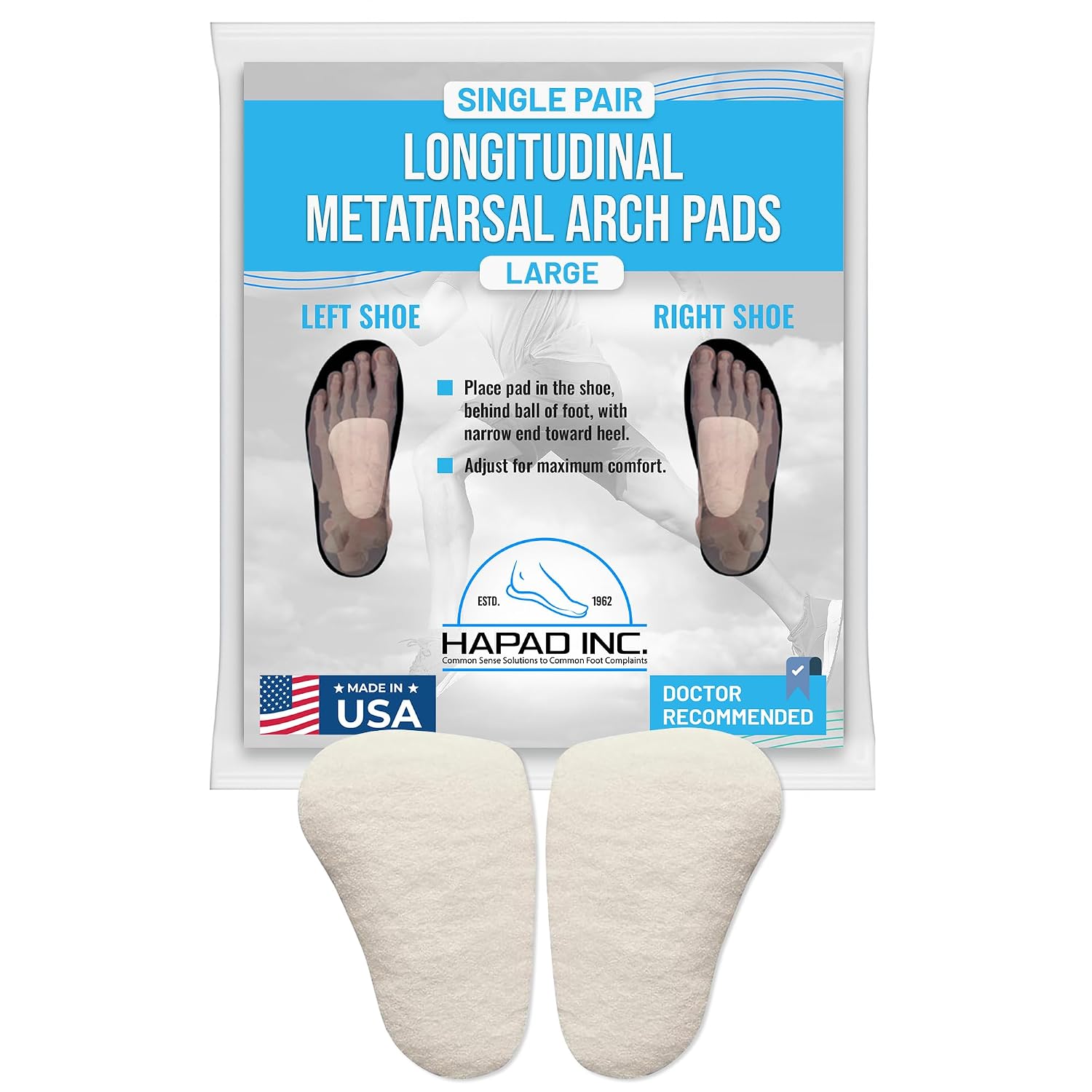 HAPAD Longitudinal Metatarsal Arch Support Inserts for Women & Men, Large (Pack of 1) - Adhesive Arch Support Pads, Metatarsal Pads, Shoe Insoles - Foot Arch Supports for Flat Feet, Fallen, High Arch