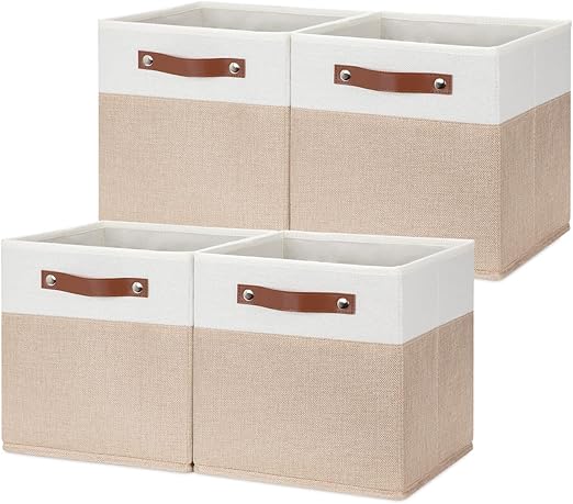HNZIGE Fabric Storage Baskets Cubes Bins for Shelves, 11 x11 Foldable Storage Bins, Decorative Storage Basket with Leather Handles for Storage Clothes Home Nursery(White Beige-4Pack)