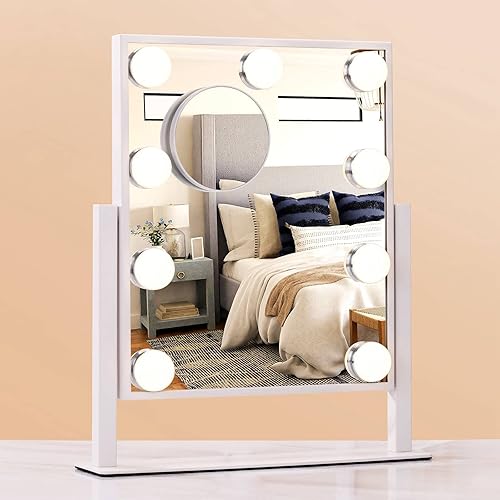 WABAFL Espejo de tocador con luces, espejo de maquillaje Hollywood con 9 bombillas LED regulables, aumento desmontable de 10X, rotación de 360
