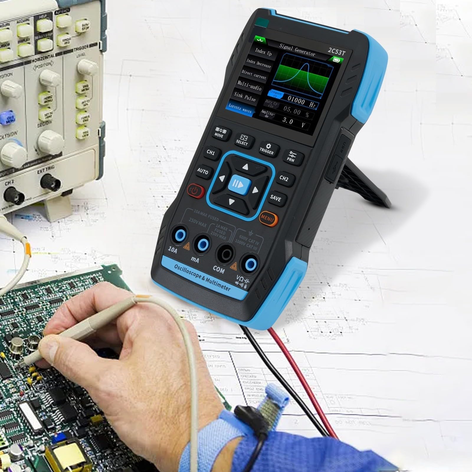 Osciloscopio digital 3 en 1 2C53T con generador de señal y multímetro, 50 MHz, LCD a color de 2.8 pulgadas, salida DDS paso de 1 Hz, guardado/exportación de forma de onda, para mantenimiento y