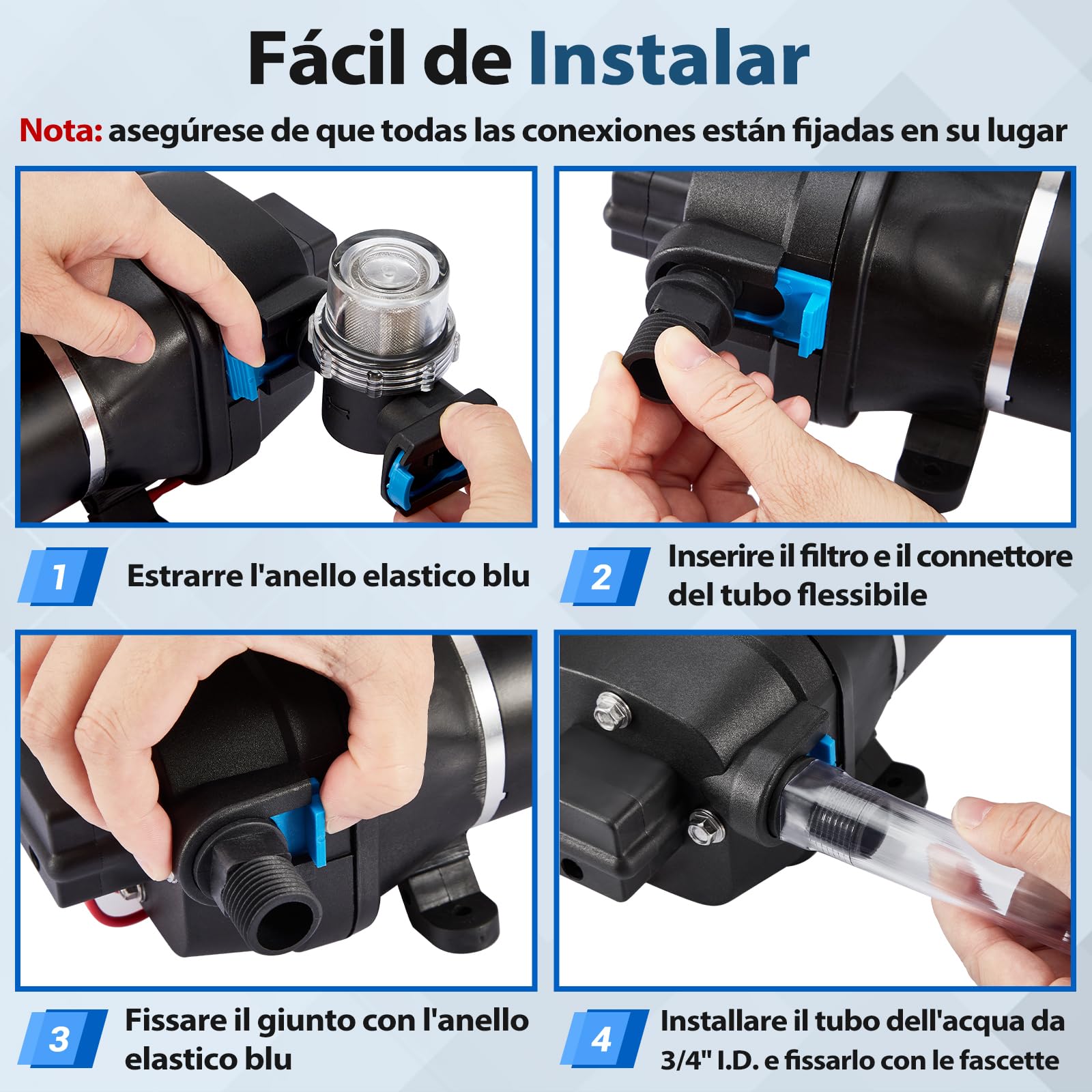 Bomba de Agua 12V para Autocaravanas con Filtro de Malla, Bomba de Membrana 20,8 LPM, Presión de Servicio 40 PSI, Potencia 180 W, Corriente 12 A, para Caravanas y Jardines