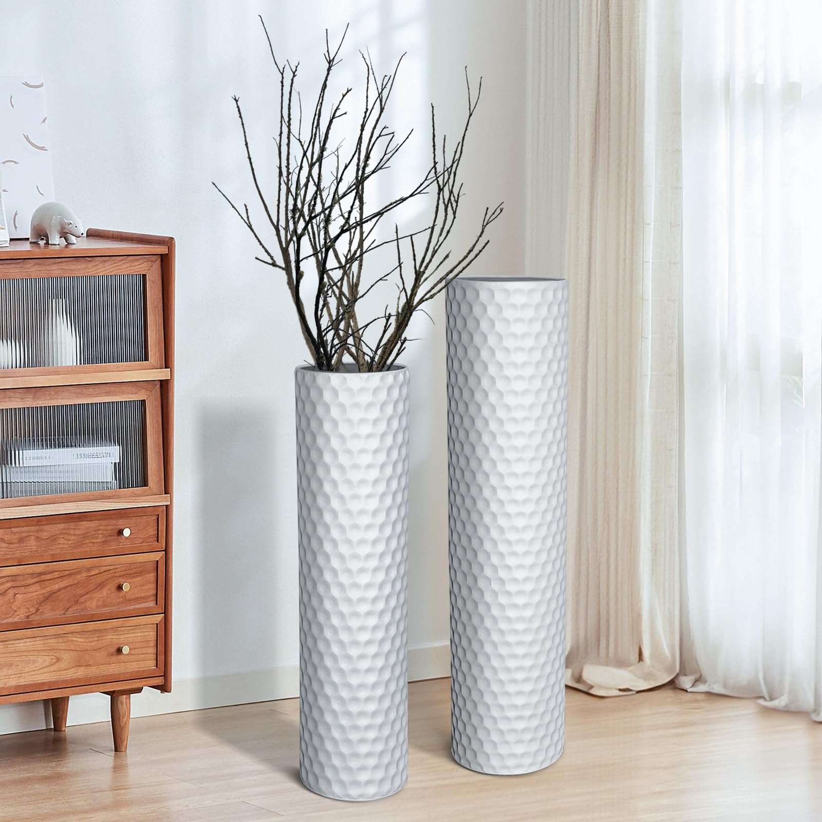 White Tall Vases for Floor: 27.7 Inch Extra Large Decorative Vases for Living Room Modern Metal Floor Vase with Honeycomb Texture Big Standing Vase for Dining Corner Home Hallway Set of 2
