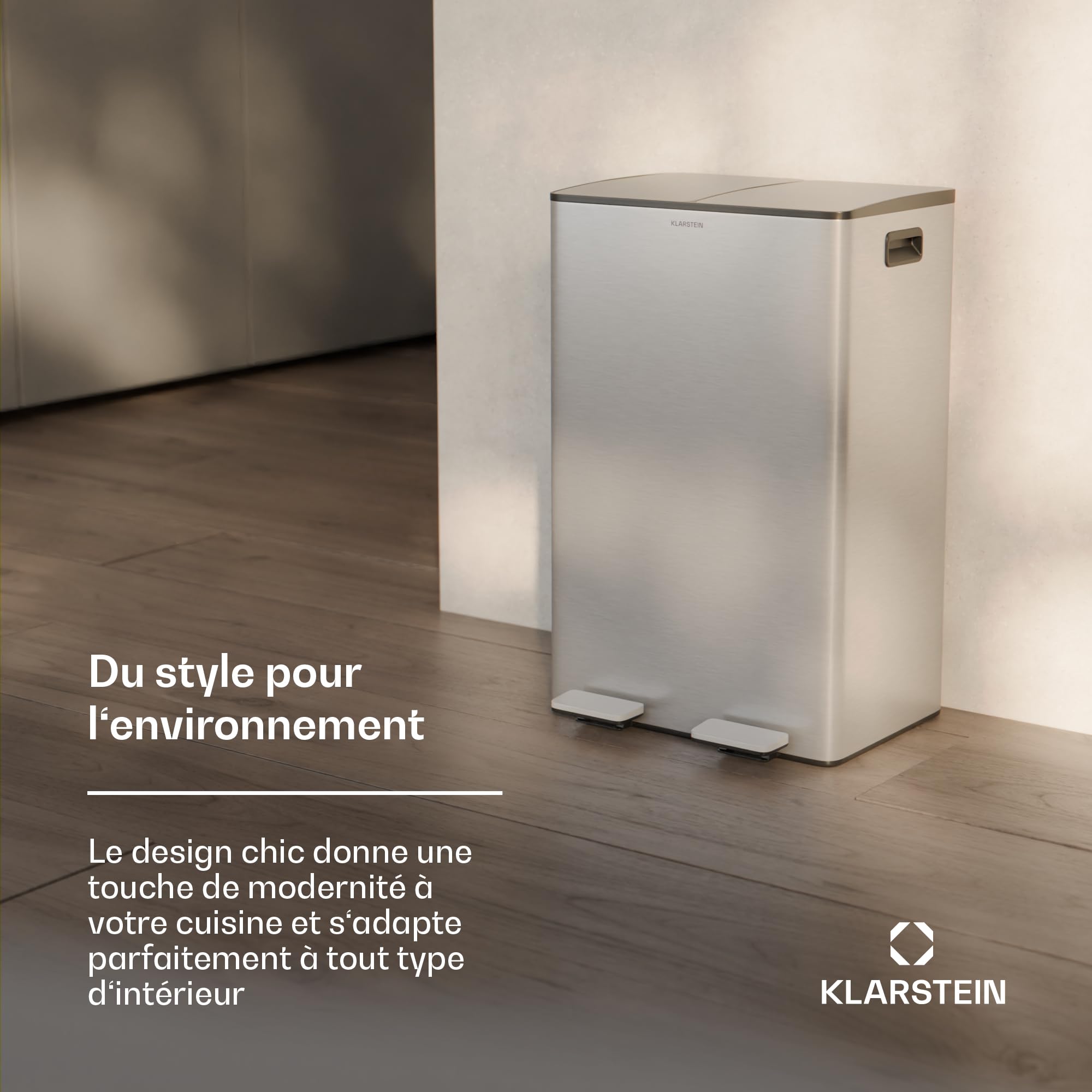 KLARSTEIN EcoVista Poubelle - Tri sélectif 60 L avec bac à compost amovible, fermeture douce, acier inoxydable, poubelle de cuisine