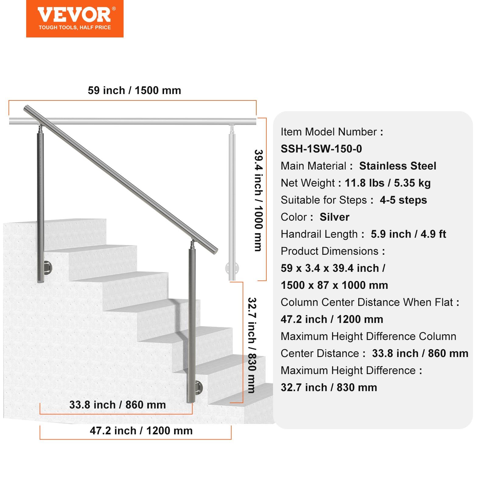 VEVOR Handläufe für Außentreppen, 150 cm langes Treppengeländer-Set, Übergangsgeländer aus Edelstahl mit Montagesatz, doppelsäulige Treppenhandläufe für Senioren, Veranda und Terrasse