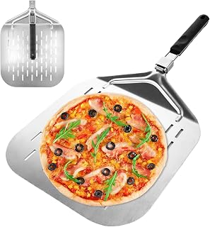 DAJAVE Pizzaschieber Perforiert 12 Zoll, 32 x 32 cm Pizzaschaufel aus harteloxiertem Aluminium, Pizza-Schieber mit verlängertem Silikongriff,Pizzaheber für hausgemachte Pizza&Brot Ideal für Pizzastein