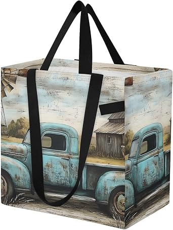 Large Canvas Grocery Tote Bag Old Truck Farm Retro Stylish Foldable Reusable Shoulder Bags for Shopping Camping Picnic 32L