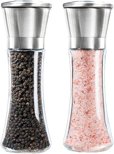 2Pcs Molinillos Sal y pimienta Mills Acero Inoxidable Cepillado De vidrio Con Ajustable Rotor Cerámica