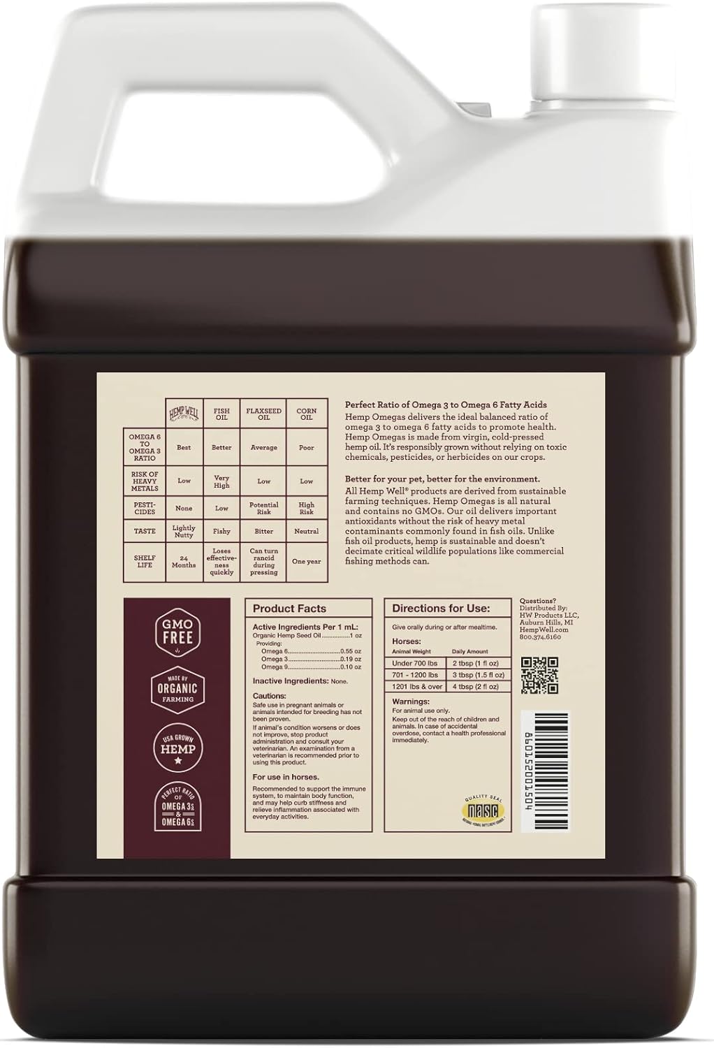 Hemp Well Thrive Oil for Horses, Everyday Supplement for Overall Health, Supports Hip, Joint, and Heart Health, Horse Joint Supplement, Organically Sourced Hemp Seed Oil- 1 Gallon