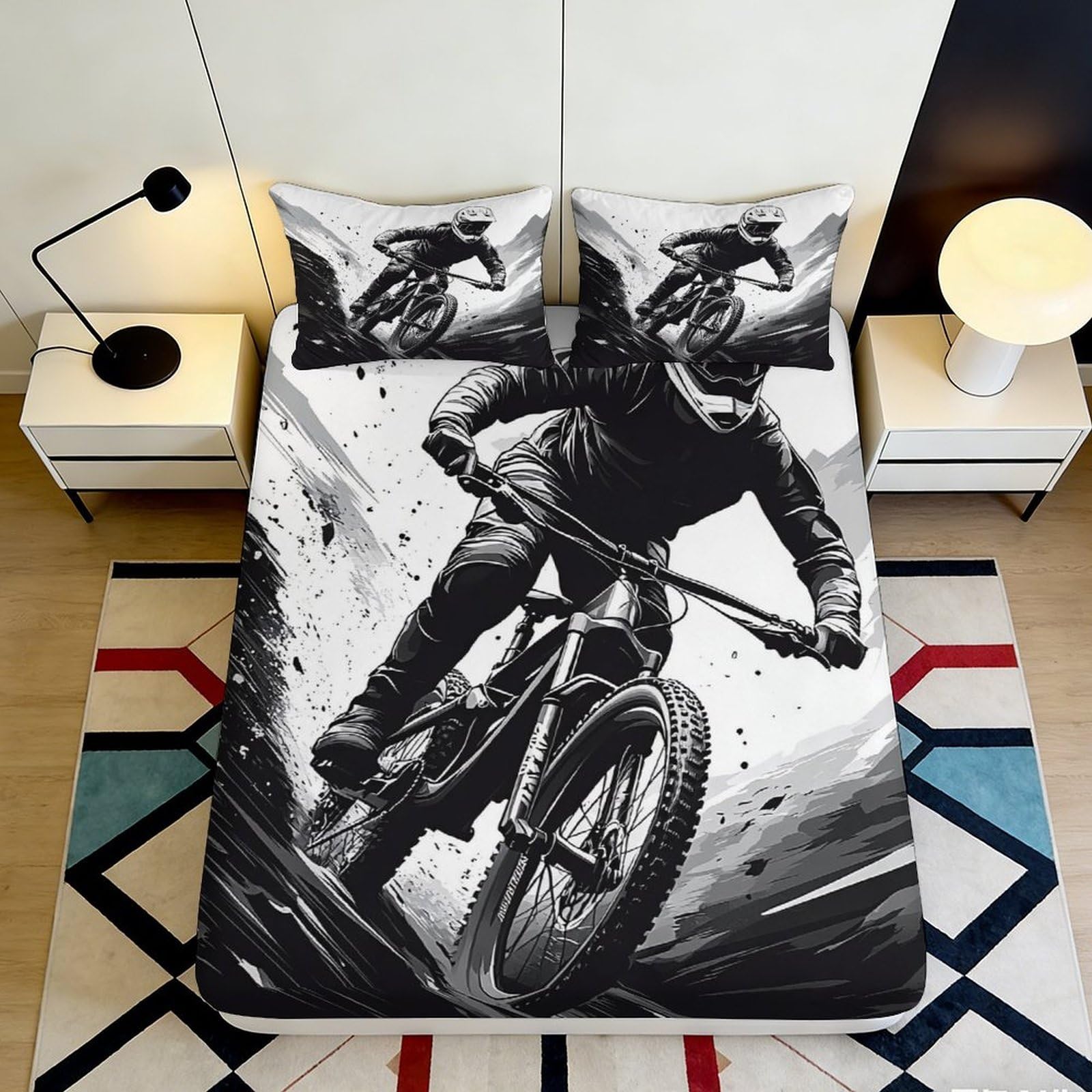 3D Printed Mountain Bike Fitted Sheet Microfiber Durable Black White 3D Printed Cyclist Mattress Cover for Bedroom Dormitory Guest Room Protection 200x200x25cm