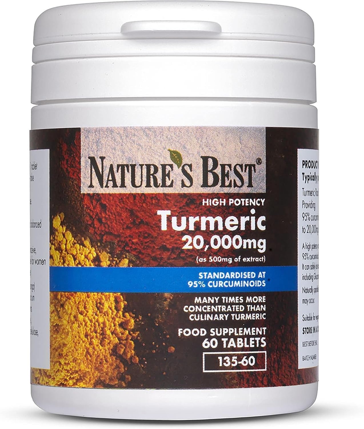 Nature's Best Turmeric 20,000mg Tablets Fast Release (500mg of Extract) - High Strength, 95% Curcumin - UK Made - 60 Tablets (2 Months' Supply)
