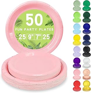 50 Pcs Pink Paper Plates Disposable, 25-9" & 25-7" Disposable Birthday Cake Dessert Plates For Valentines Day, Easter Party, Mothers Day Party Supplies