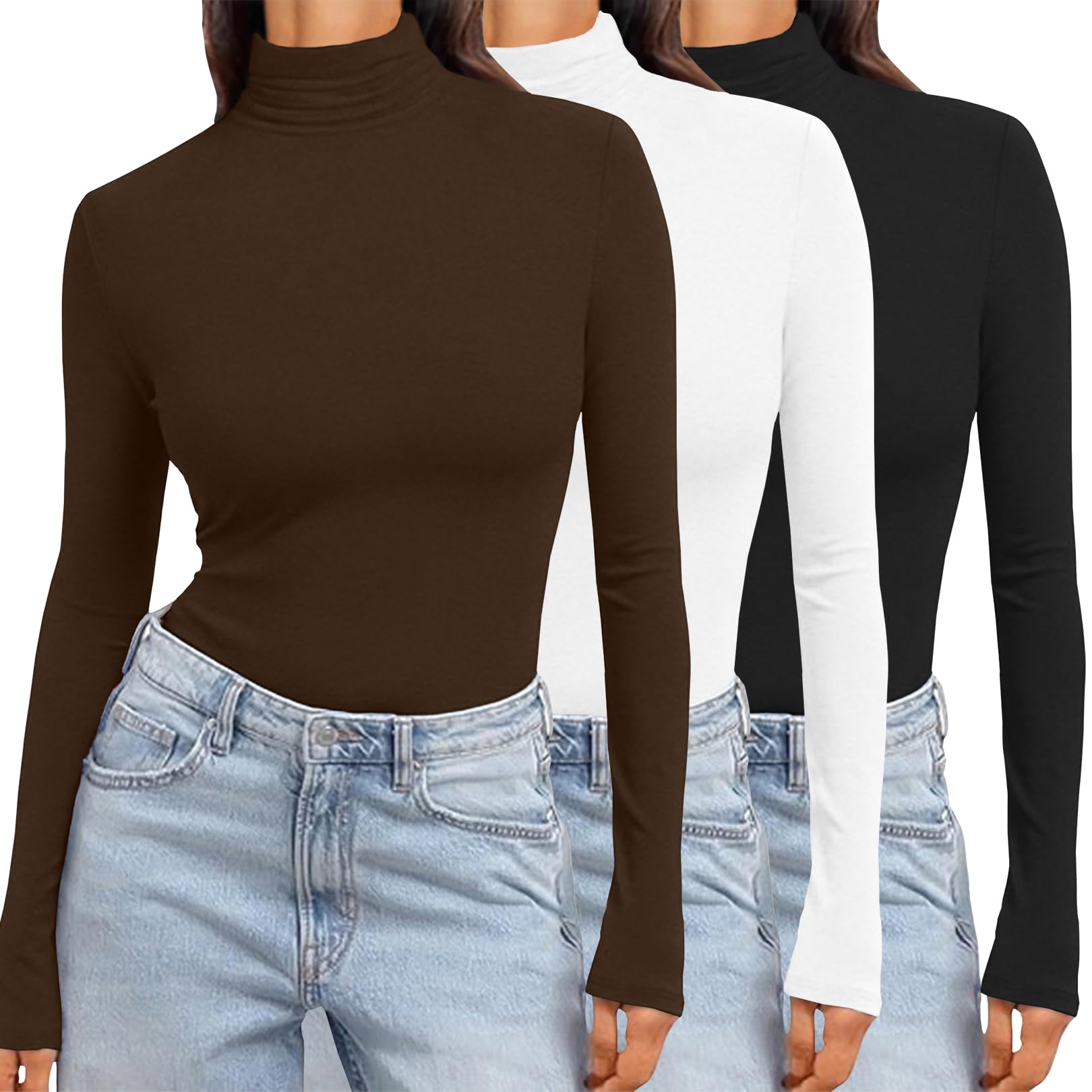 Women's 3 Pack Turtleneck Long Sleeve Shirts Slim Fit Thermal Underwear Tops Lightweight Pullover Tees-image-38