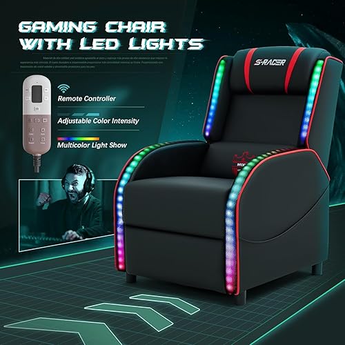 Miniatura 4 de Homall Silla reclinable de masaje para juegos LED, estilo carreras, sofá de sala de estar individual, cómodo asiento ergonómico de cine en casa