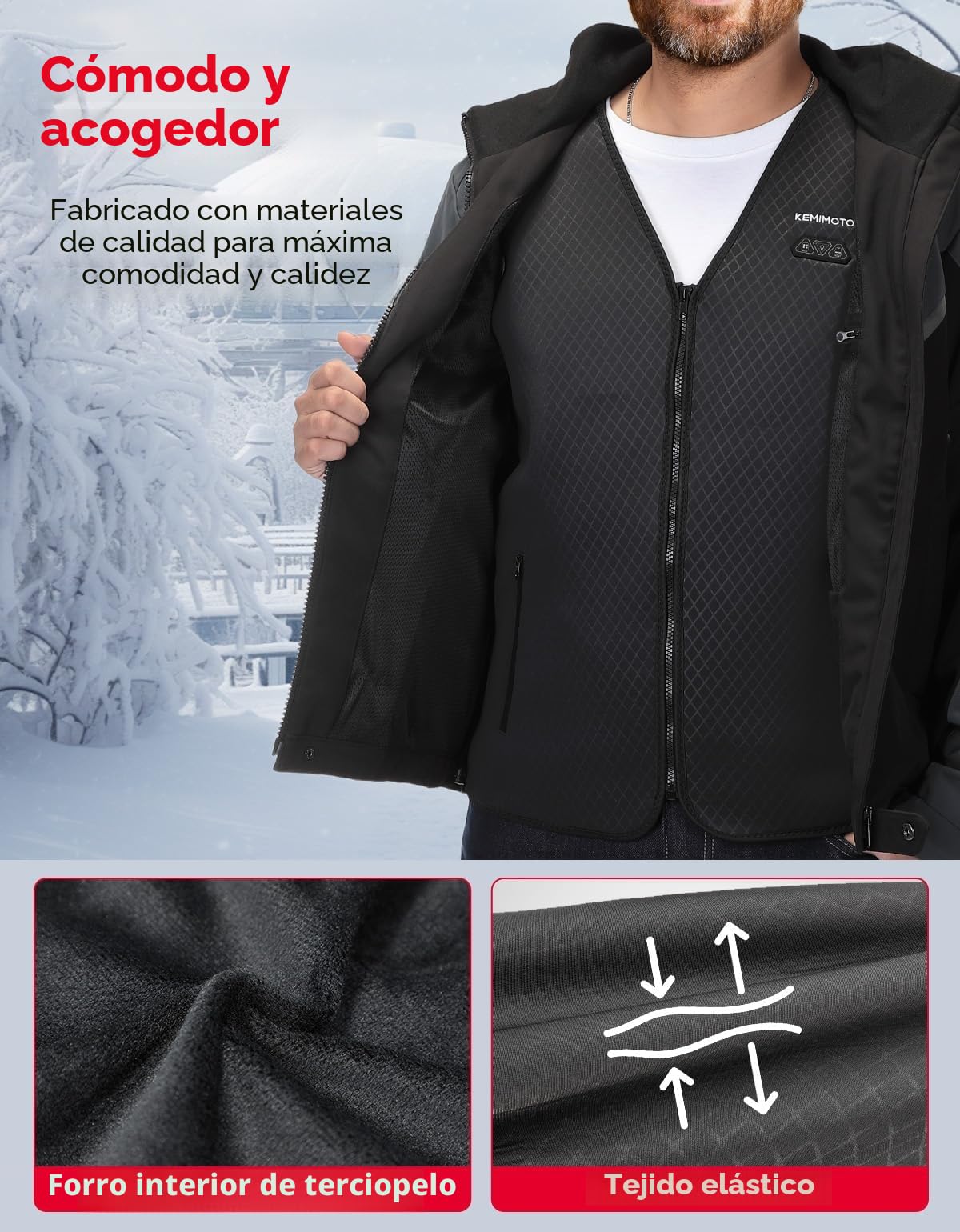 KEMIMOTO Chalecos Calefactable, Chalecos Calefactables Hombre 6 Zonas de Calentamiento con Función de Luces Apagadas, Tela de Buceopara y Forro Terciopelo Cristal, para Esquí Pesca Moto (Sin Batería)