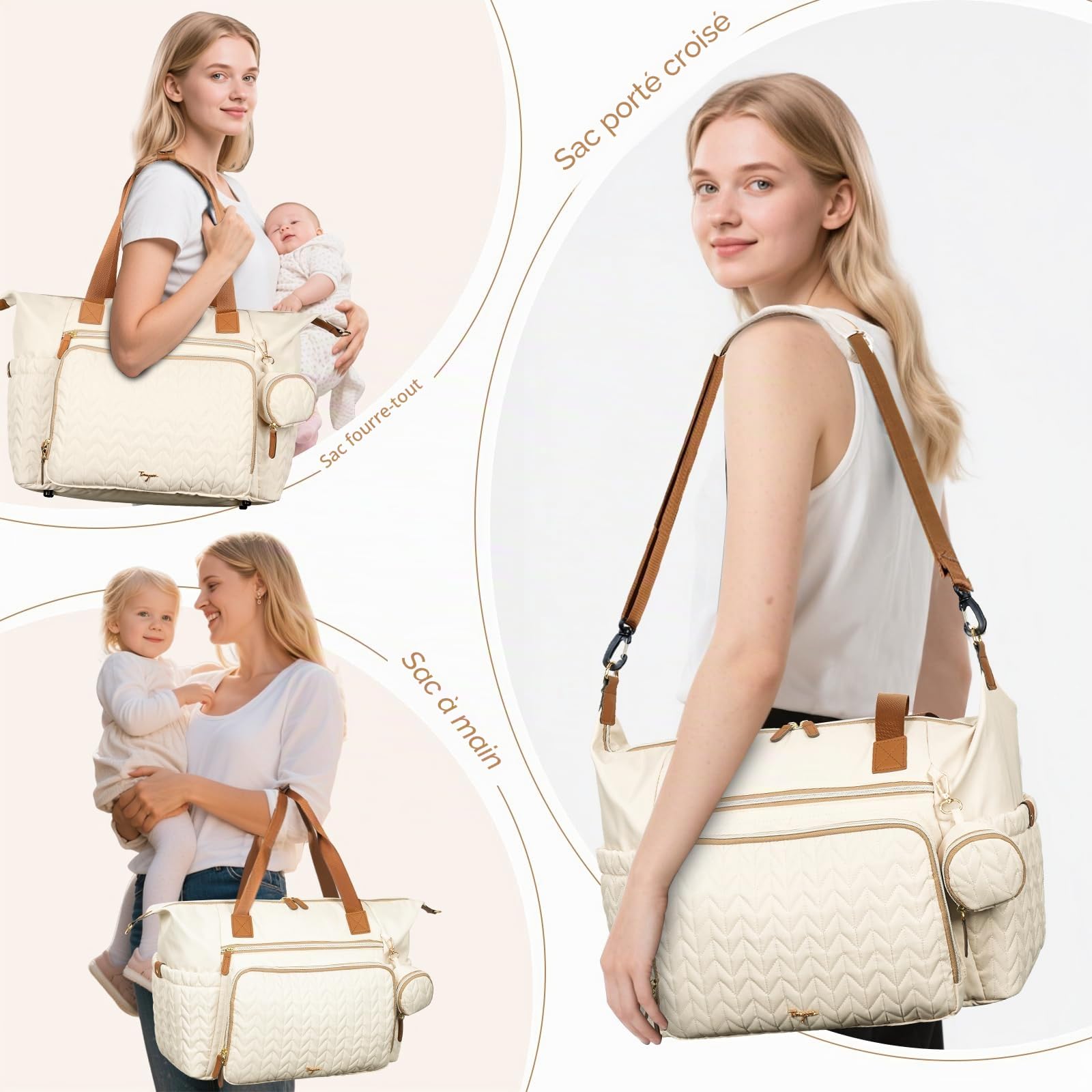 Grand sac à langer imperméable pour accouchement avec étui à tétine, matelas à langer, bandoulière - Beige