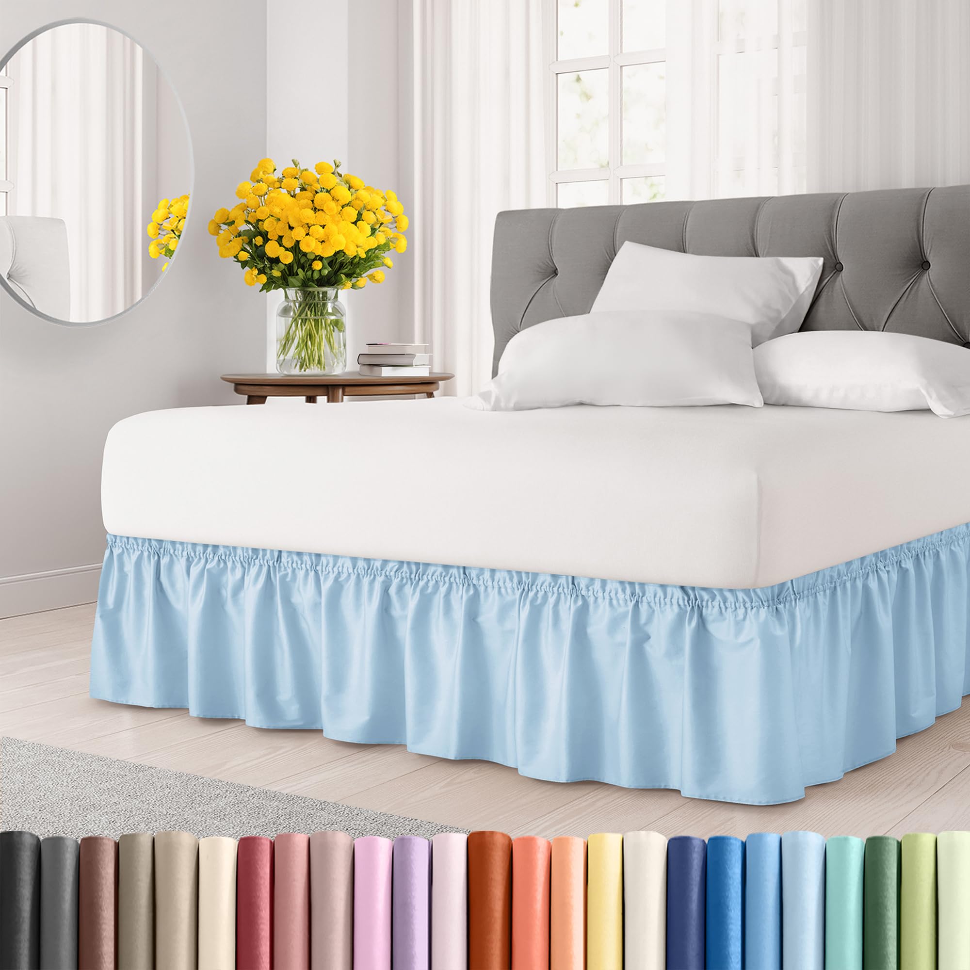 Wrap Around Bed Skirt + Duvet Cover Bundle – Light Blue, Twin Size, 15” Drop, Elastic Strap, Wrinkle-Free