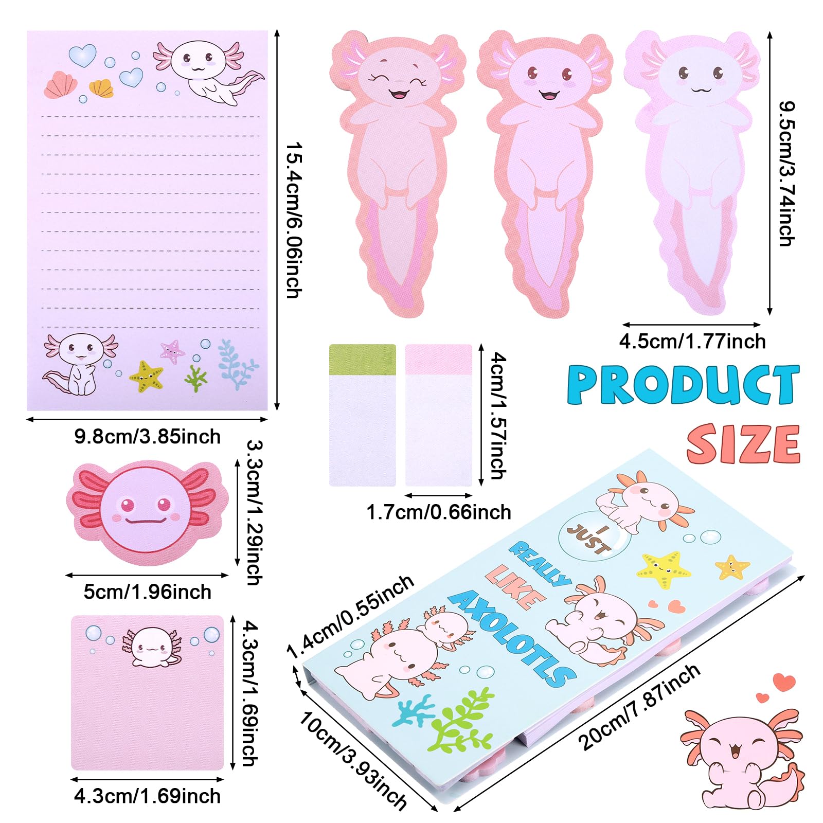 JIANTA Axolotl Sticky Notes, Cute Cartoon Pastel Memo Set, Mexican Walking Fish Sticky Notes - Image 3