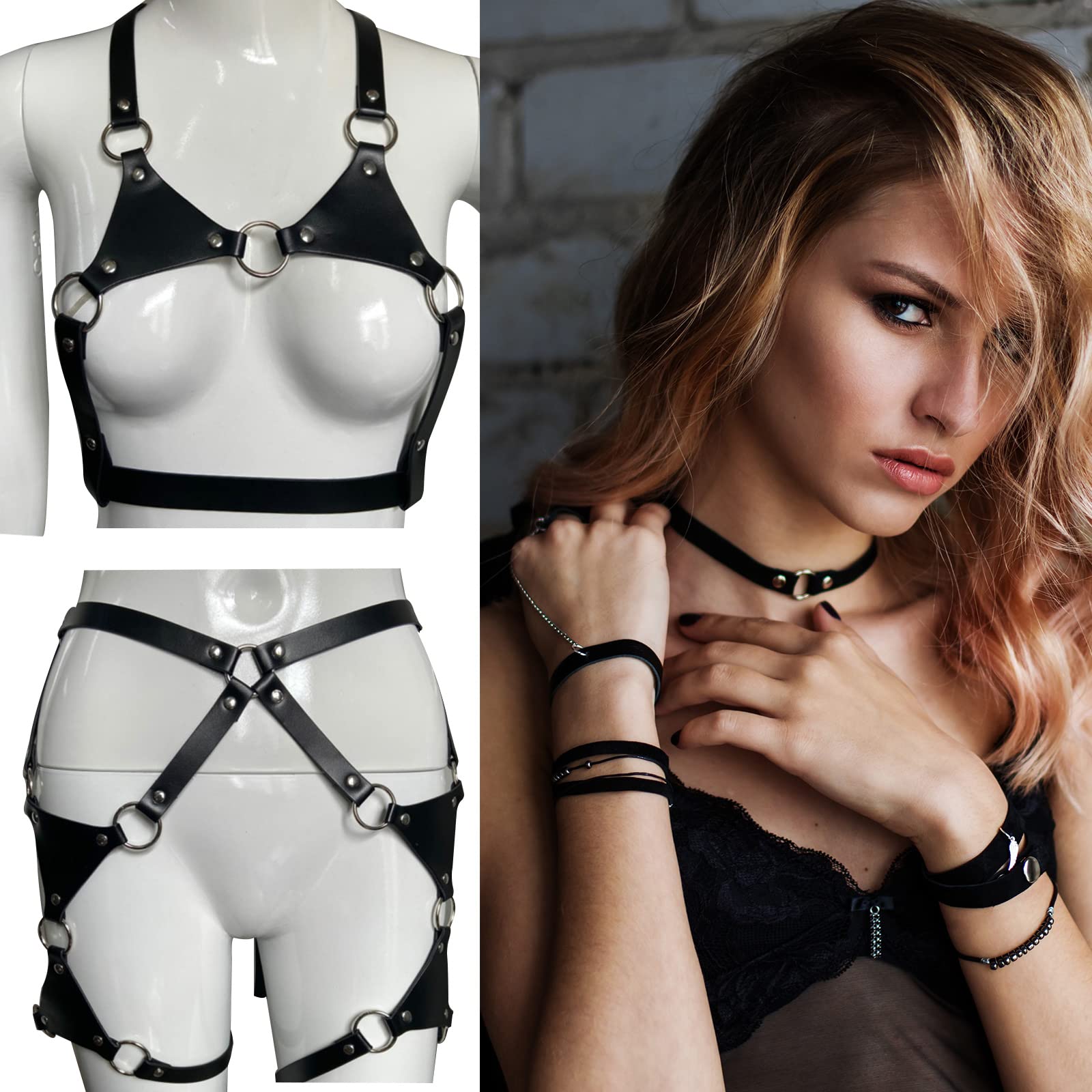 Femmes Punk Cuir Soutien-Gorge Harnais Harness Corps Cupless Bretelles Lingerie(A)