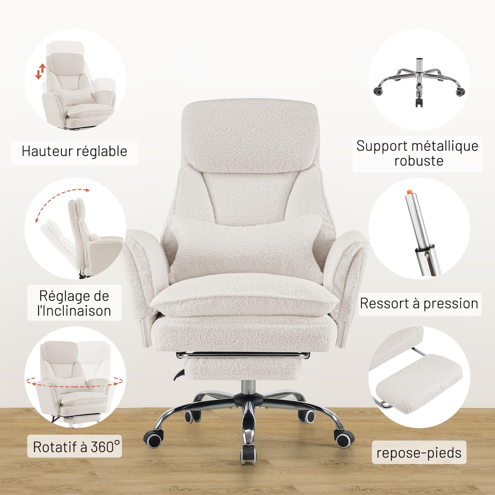 Chaise de Bureau Ergonomique avec Accoudoirs Réglables 5 Niveaux, Repose-Pieds, Soutien Lombaire, Hauteur Réglable, 200kg, Blanc