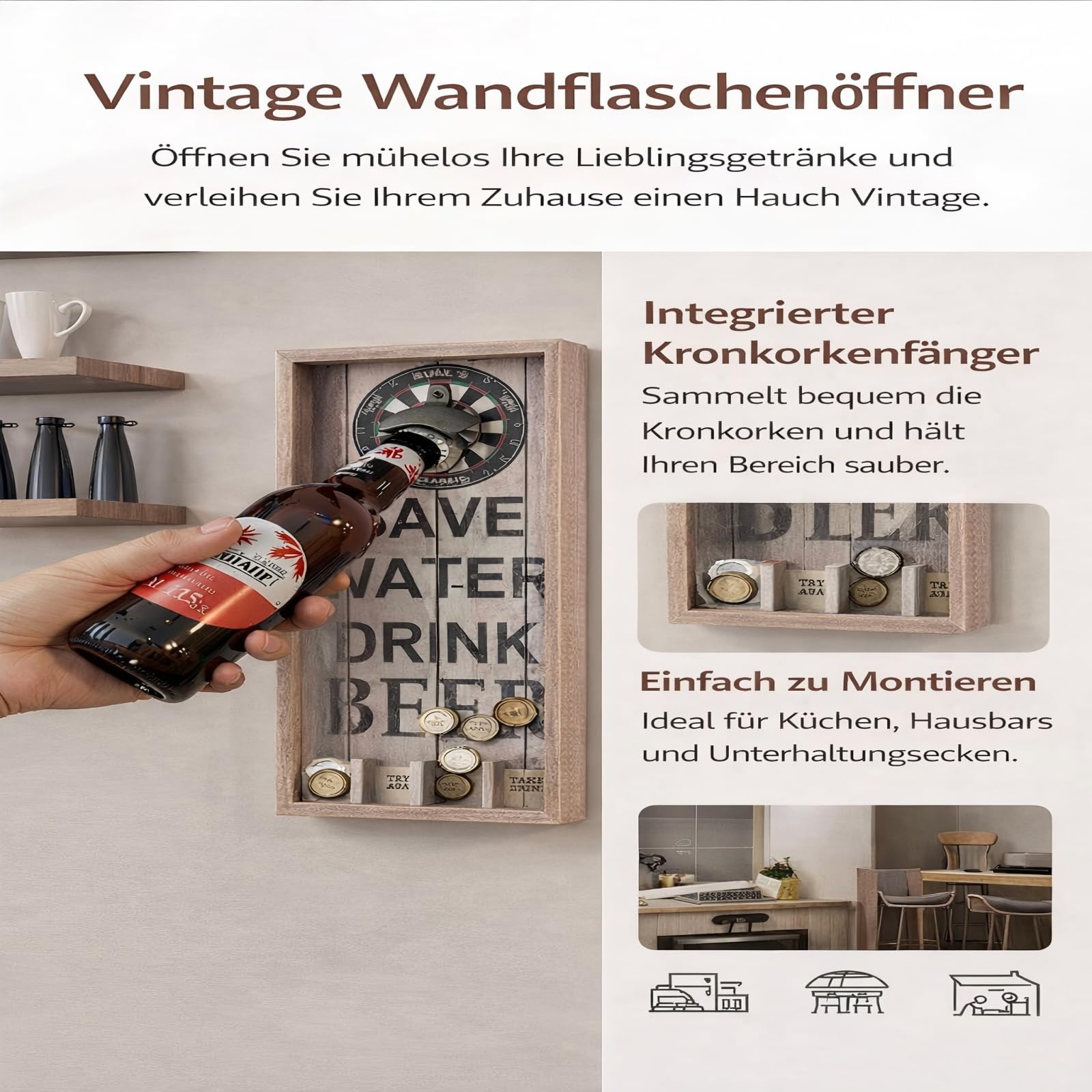 Vintage Wandflaschenöffner mit Kronkorken Sammler – Wandmontierter Flaschenöffner aus Holz & Metall, Retro Bier Flaschenöffner mit Auffangbehälter für Hausbar Küche Garage Männerhöhle