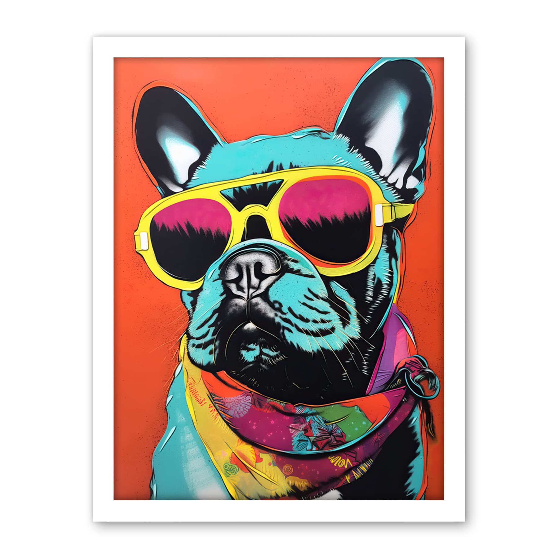 Artery8 French Bulldog Wearing Sunglasses and Bandana Artwork Framed Wall Art Print 18X24 Inch