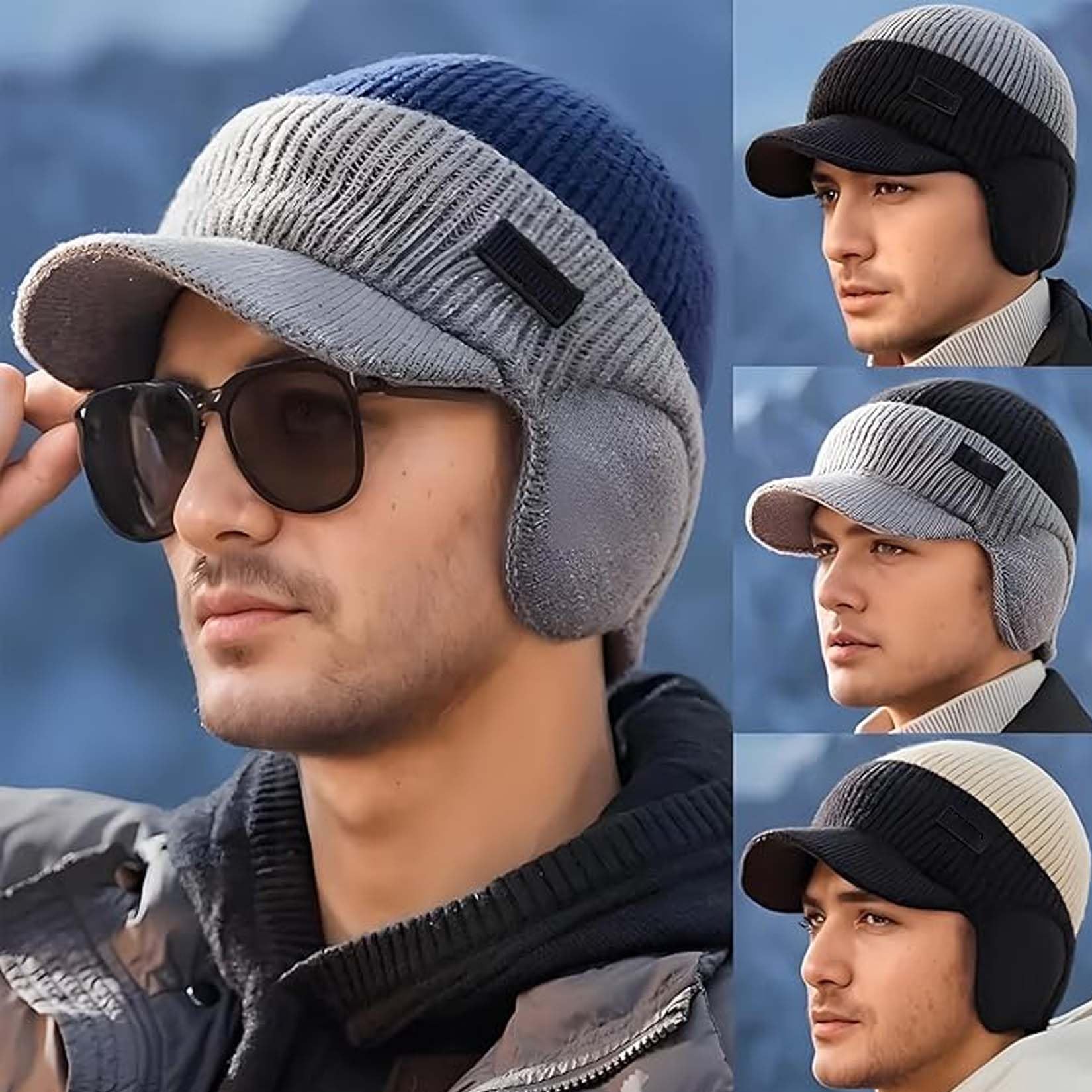 Cappello invernale da uomo lavorato a maglia con paraorecchie con tesa, caldo berretto foderato in pile per uomo, cappello termico antivento lavorato a maglia