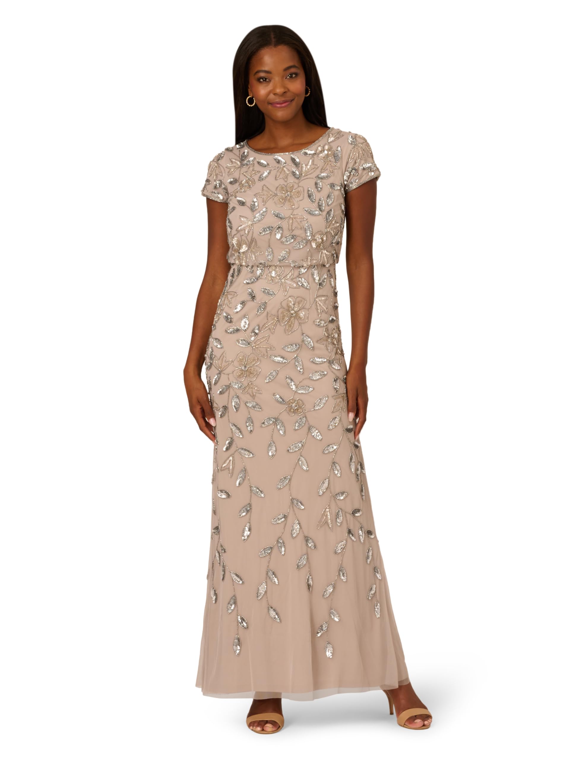 Adrianna Papell Women's Blouson Beaded Long Dress, Marble, 22