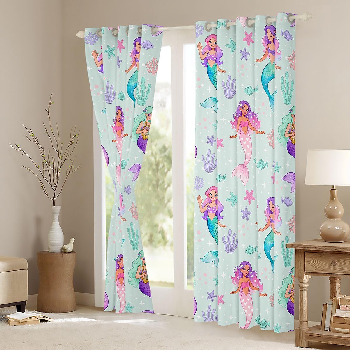 Homemissing Tende oscuranti a sirena, per camera da letto, soggiorno, motivo squame di pesce, arcobaleno, 2 pannelli, 117 x 183 cm (larghezza x lunghezza), animali marini, decorazione per camera da