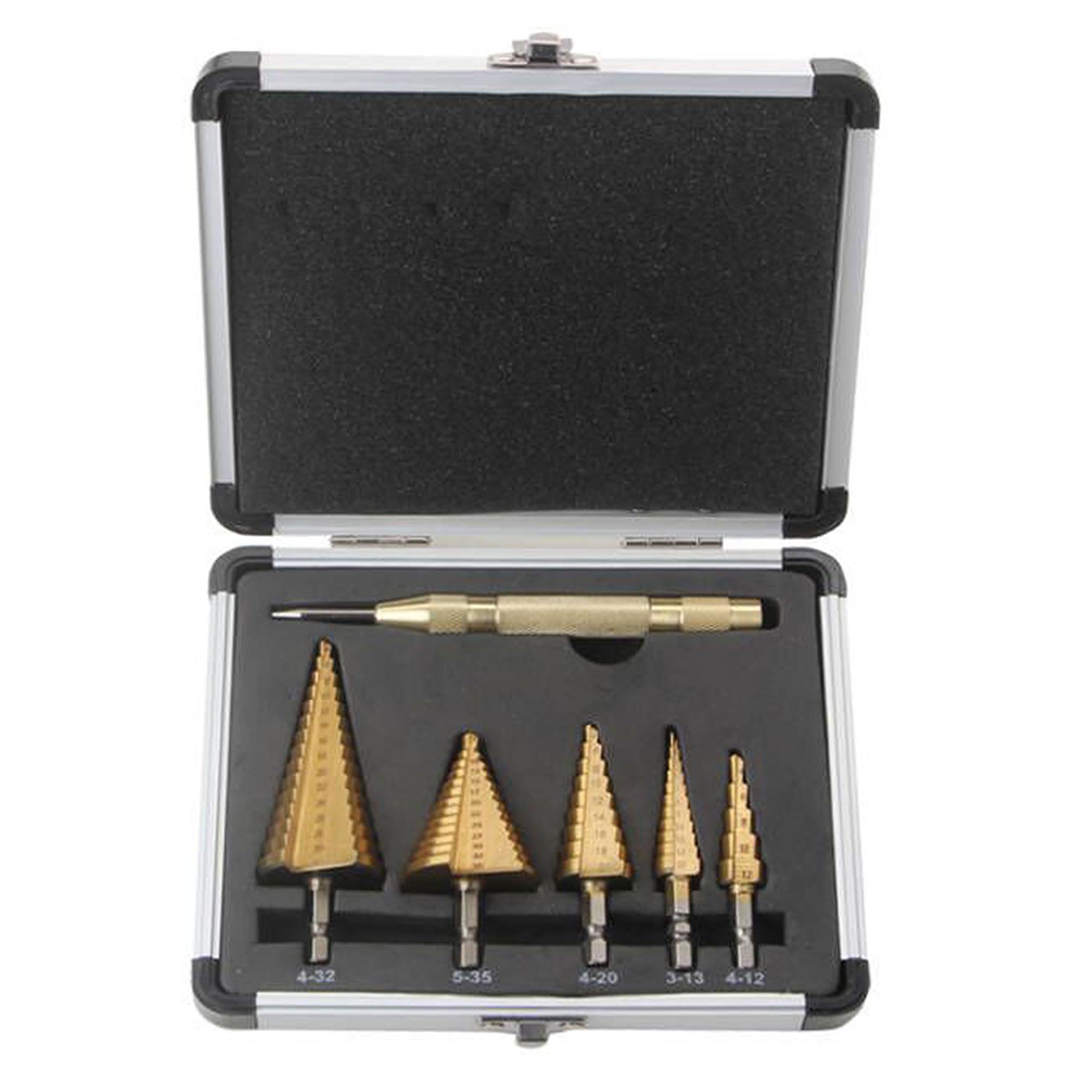 Set De 6 Forets étagés Coniques HSS + Poinçon Centrage - 5 Forets Pour Métal/bois/plastique (4-35 Mm) - Étui Aluminium