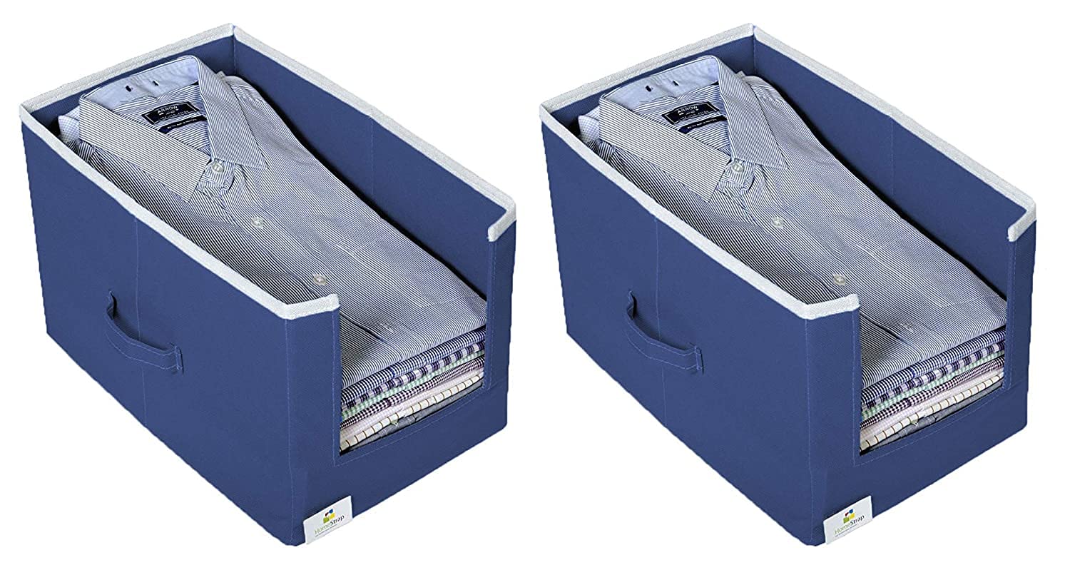 HomeStrap Set Of 2 Non Woven Shirt Stacker/Cloth Storage Foldable Wardrobe/closet Organizer With Handle For T-shirts Shirts & Clothes (Navy Blue)